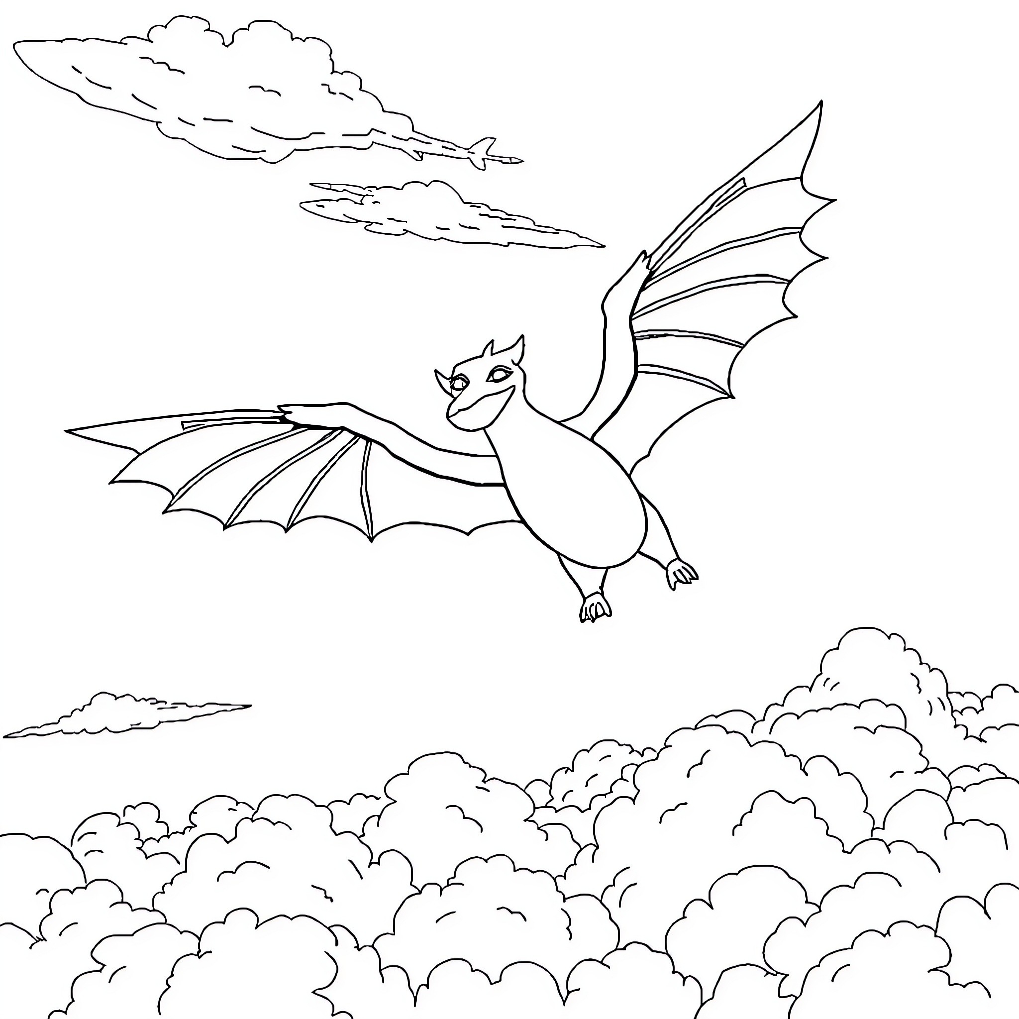 Krokmou soaring through the cloudy skies Coloring Page (free black-and-white line drawing printable PDF for all, from beginners to advanced learners, including children, teens, adults, and seniors)
