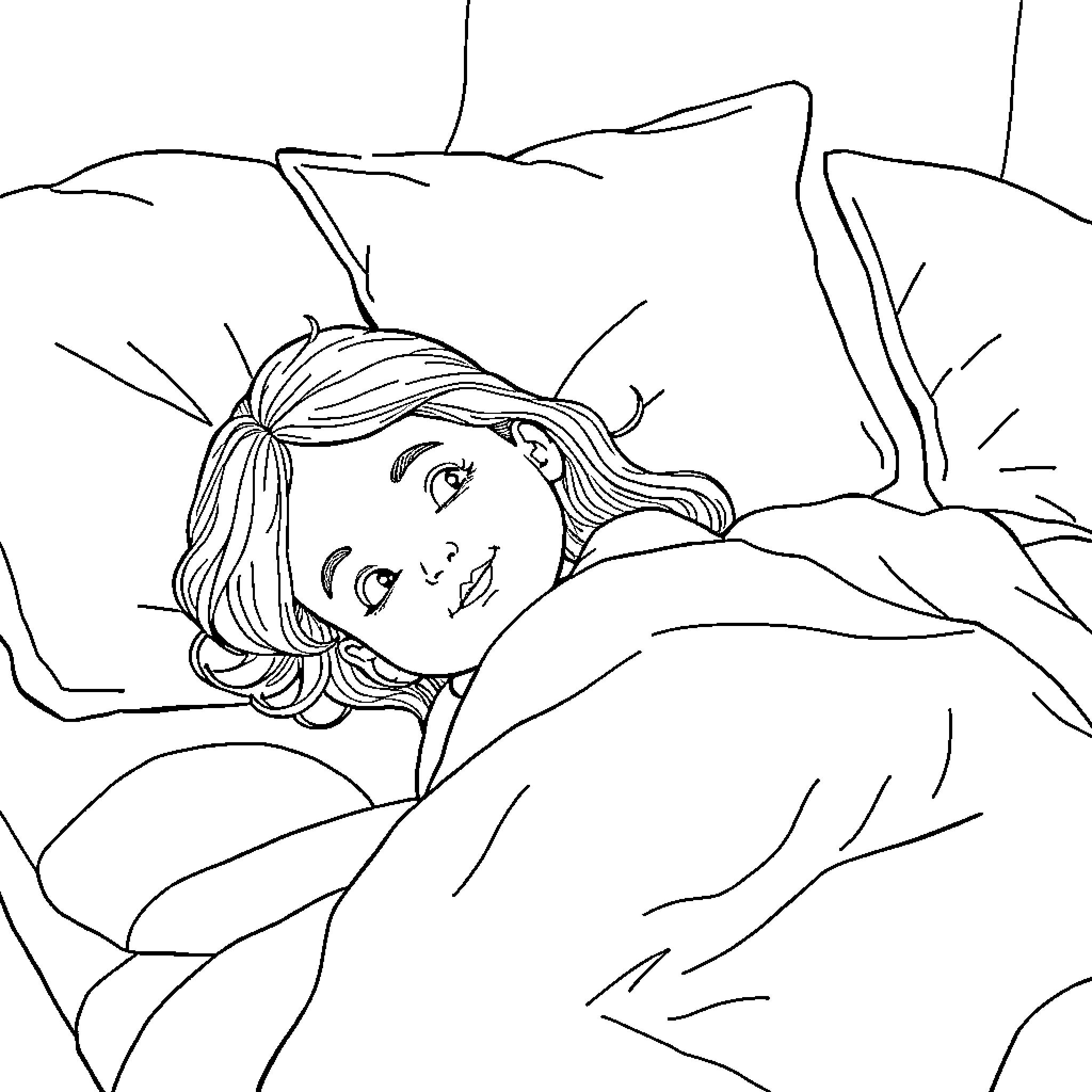 Girl resting peacefully in the wilderness Coloring Page (free black-and-white line drawing printable PDF for all, from beginners to advanced learners, including children, teens, adults, and seniors)