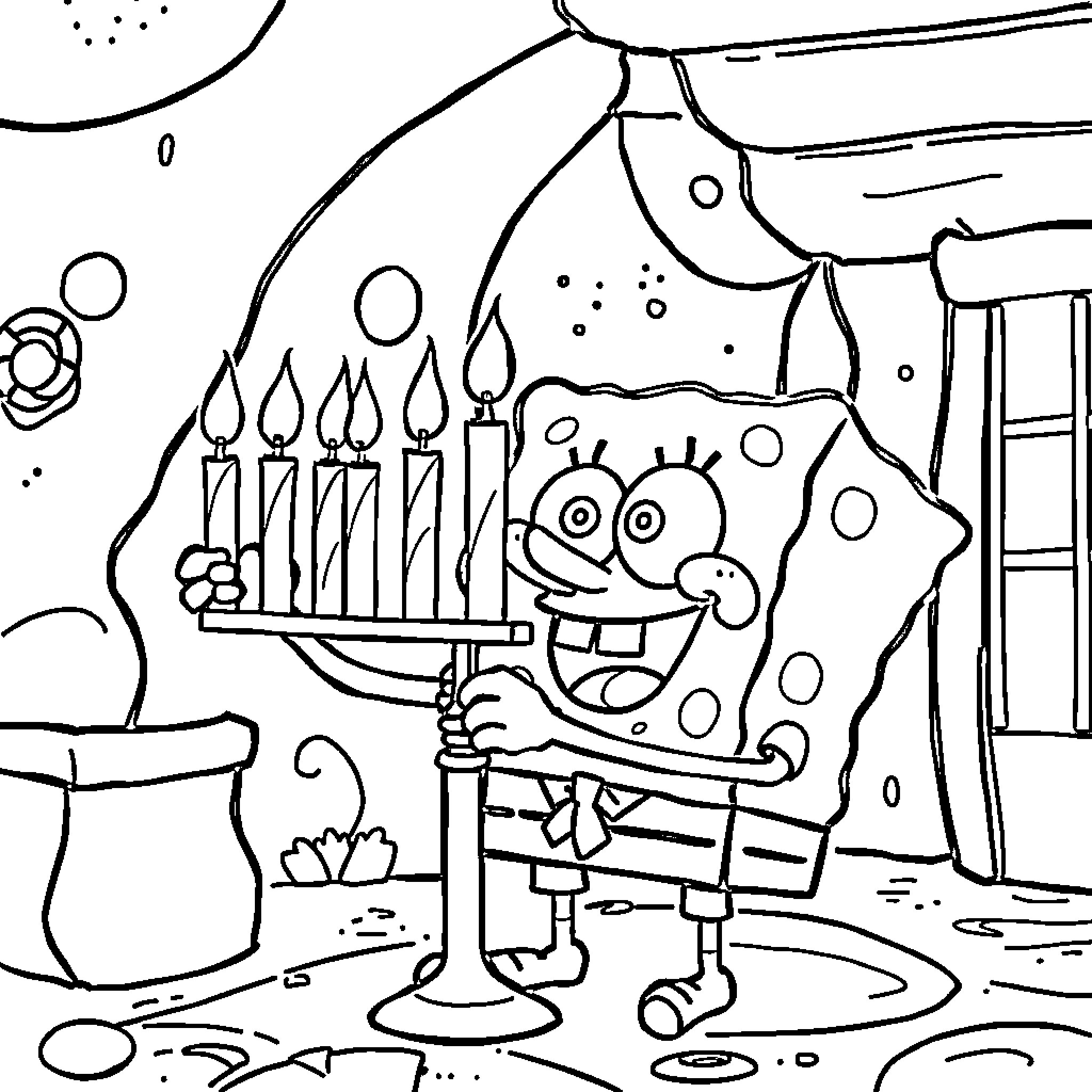 Spongebob's Surprise Birthday Celebration Coloring Page (free black-and-white line drawing printable PDF for all, from beginners to advanced learners, including children, teens, adults, and seniors)