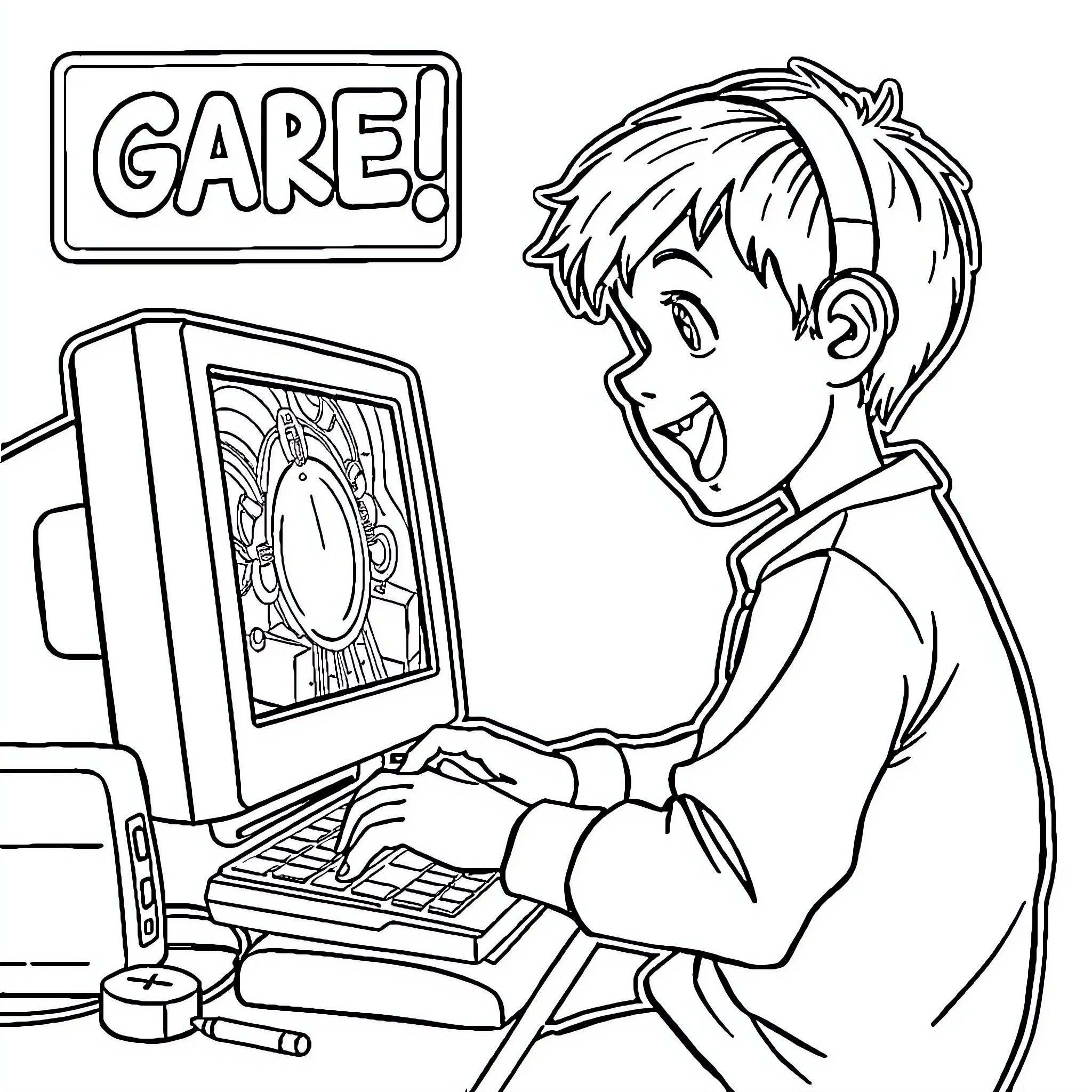 Kid enjoying playing video games enthusiastically Coloring Page (free black-and-white line drawing printable PDF for all, from beginners to advanced learners, including children, teens, adults, and seniors)