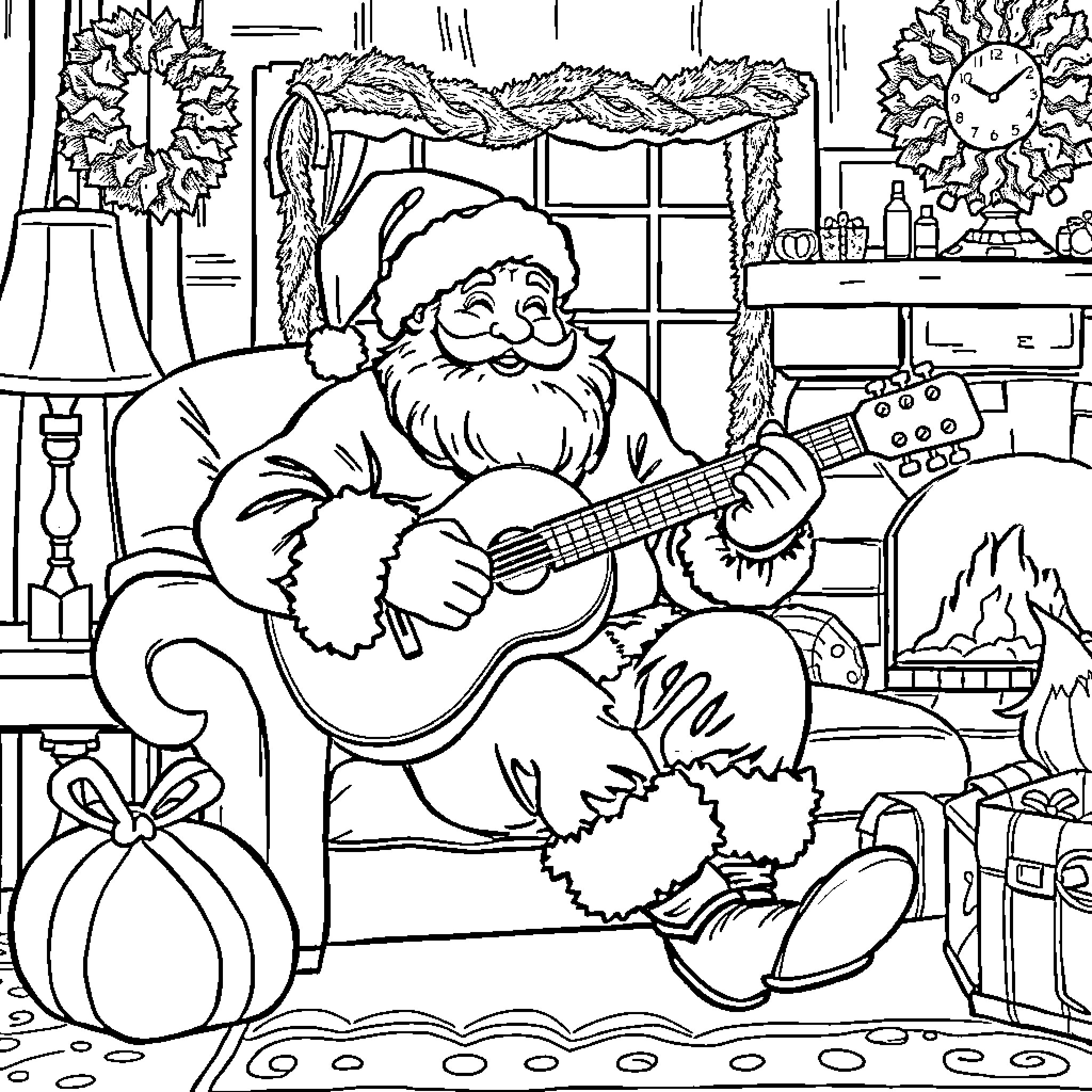 Santa playing guitar in a cozy living room Coloring Page (free black-and-white line drawing printable PDF for all, from beginners to advanced learners, including children, teens, adults, and seniors)