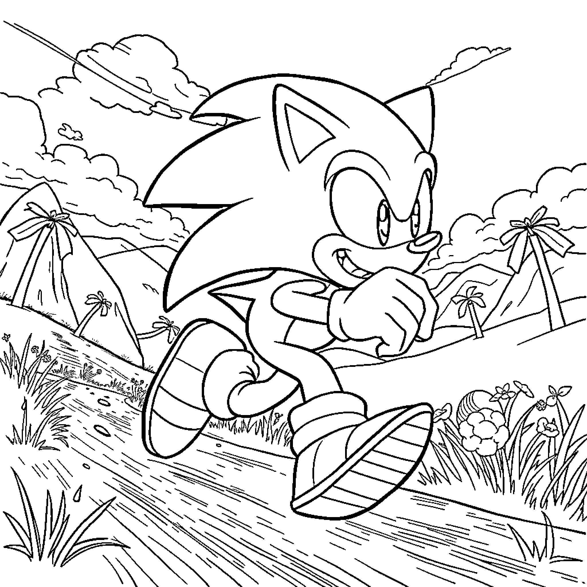 Sonic racing through a tropical landscape Coloring Page (free black-and-white line drawing printable PDF for all, from beginners to advanced learners, including children, teens, adults, and seniors)