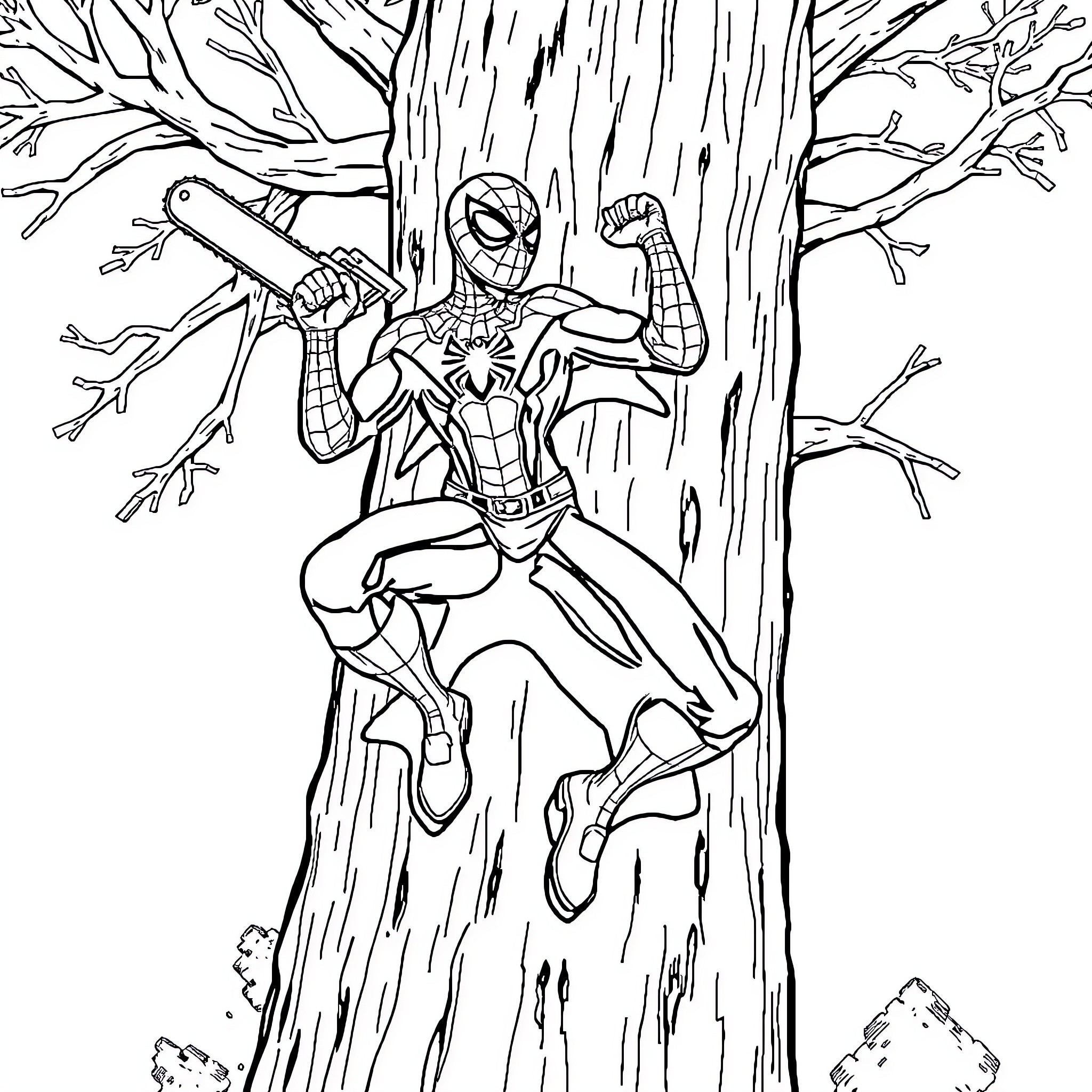 Scarlet Spider-Man swinging through the forest Coloring Page (free black-and-white line drawing printable PDF for all, from beginners to advanced learners, including children, teens, adults, and seniors)