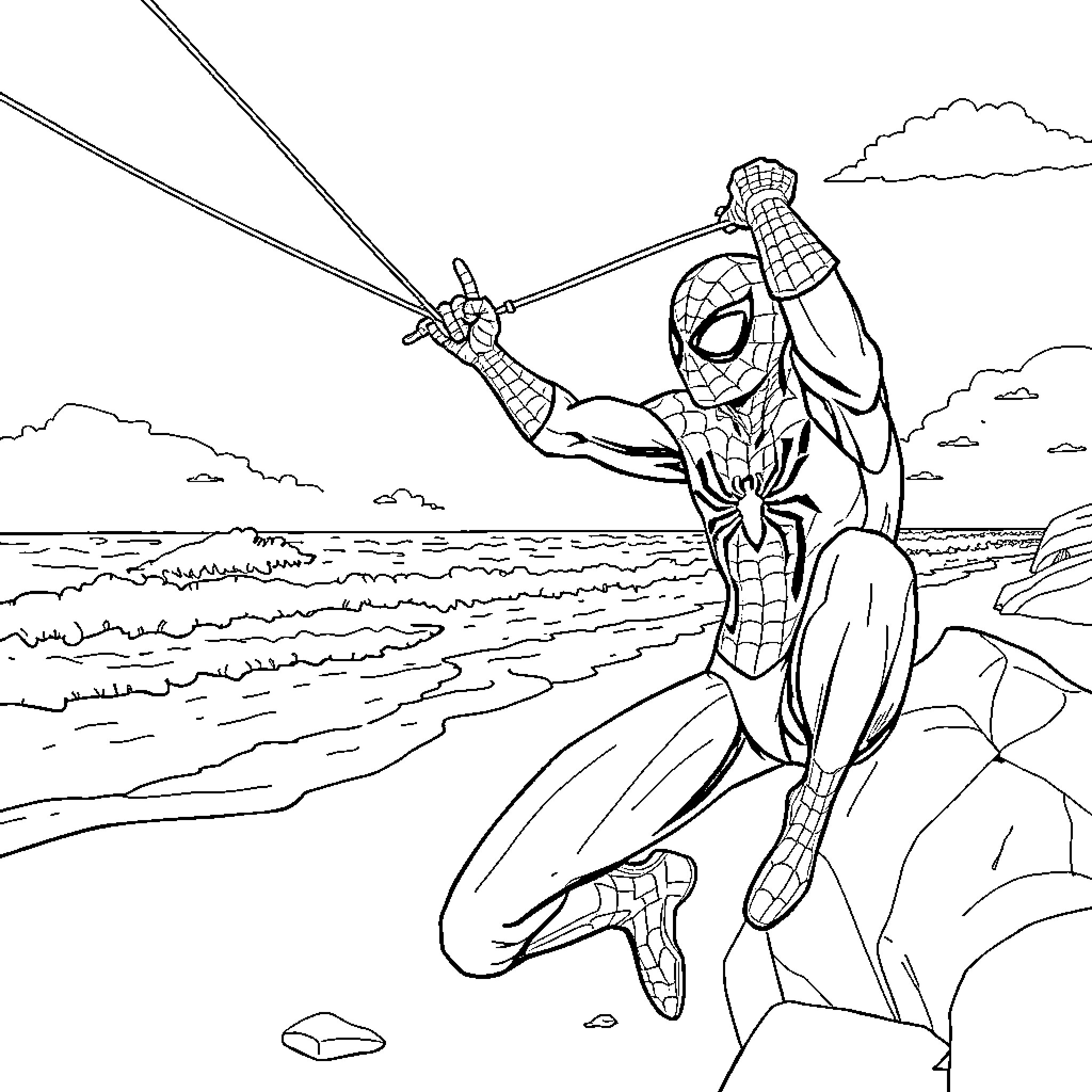 Spiderman swinging over the beach Coloring Page (free black-and-white line drawing printable PDF for all, from beginners to advanced learners, including children, teens, adults, and seniors)