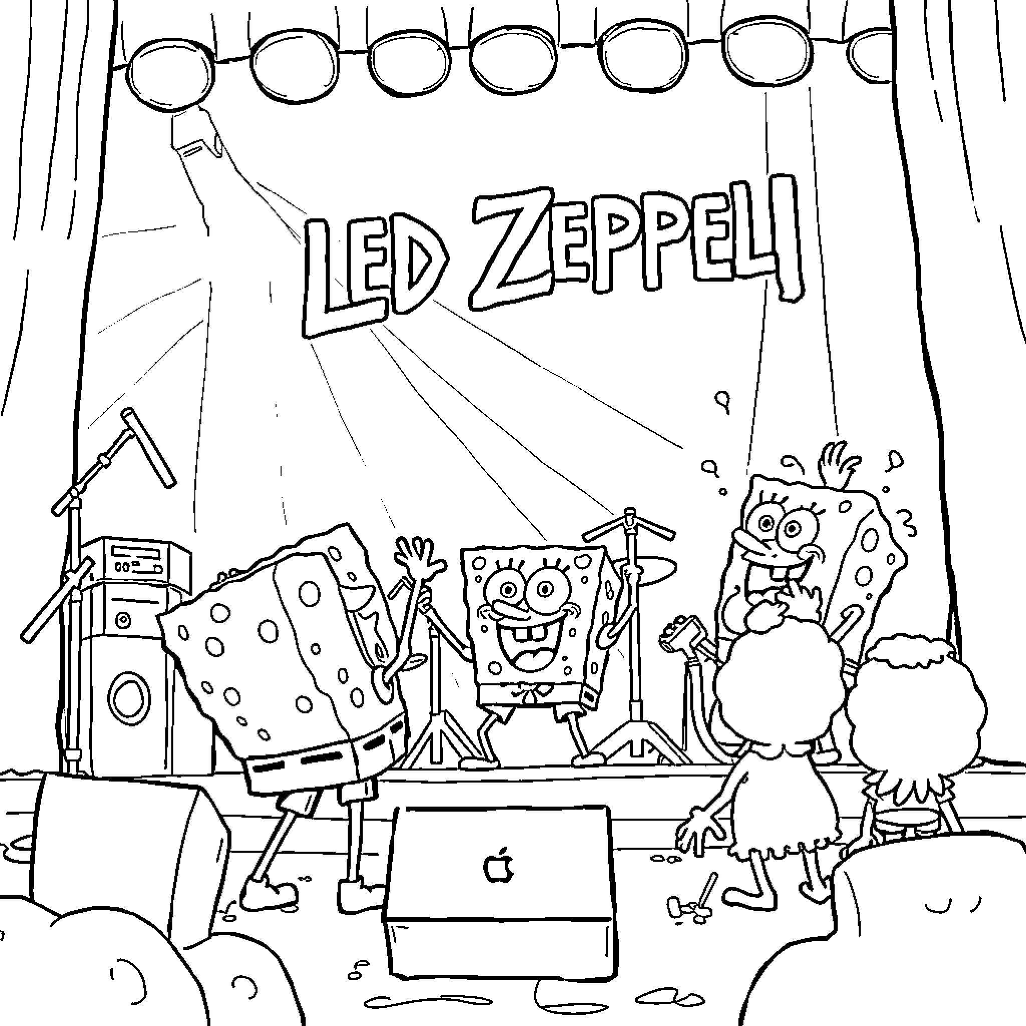 Led Zeppelin Performing on Stage with Cartoon Characters Coloring Page (free black-and-white line drawing printable PDF for all, from beginners to advanced learners, including children, teens, adults, and seniors)