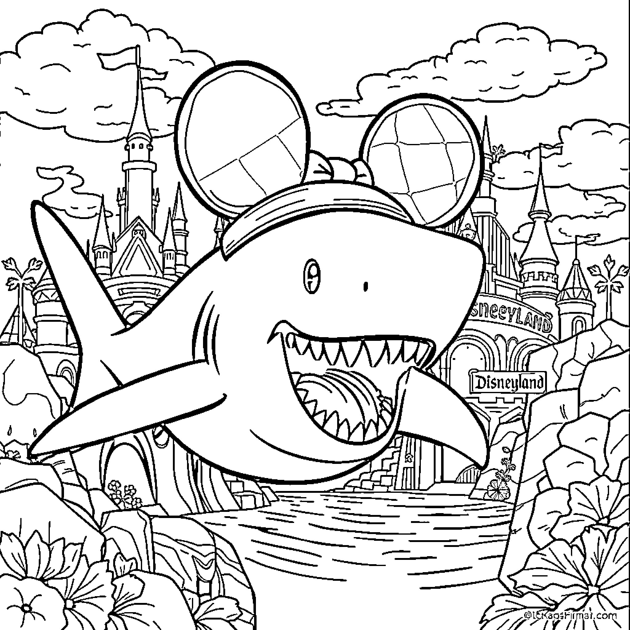 Shark swimming through Disney-themed landscape Coloring Page (free black-and-white line drawing printable PDF for all, from beginners to advanced learners, including children, teens, adults, and seniors)