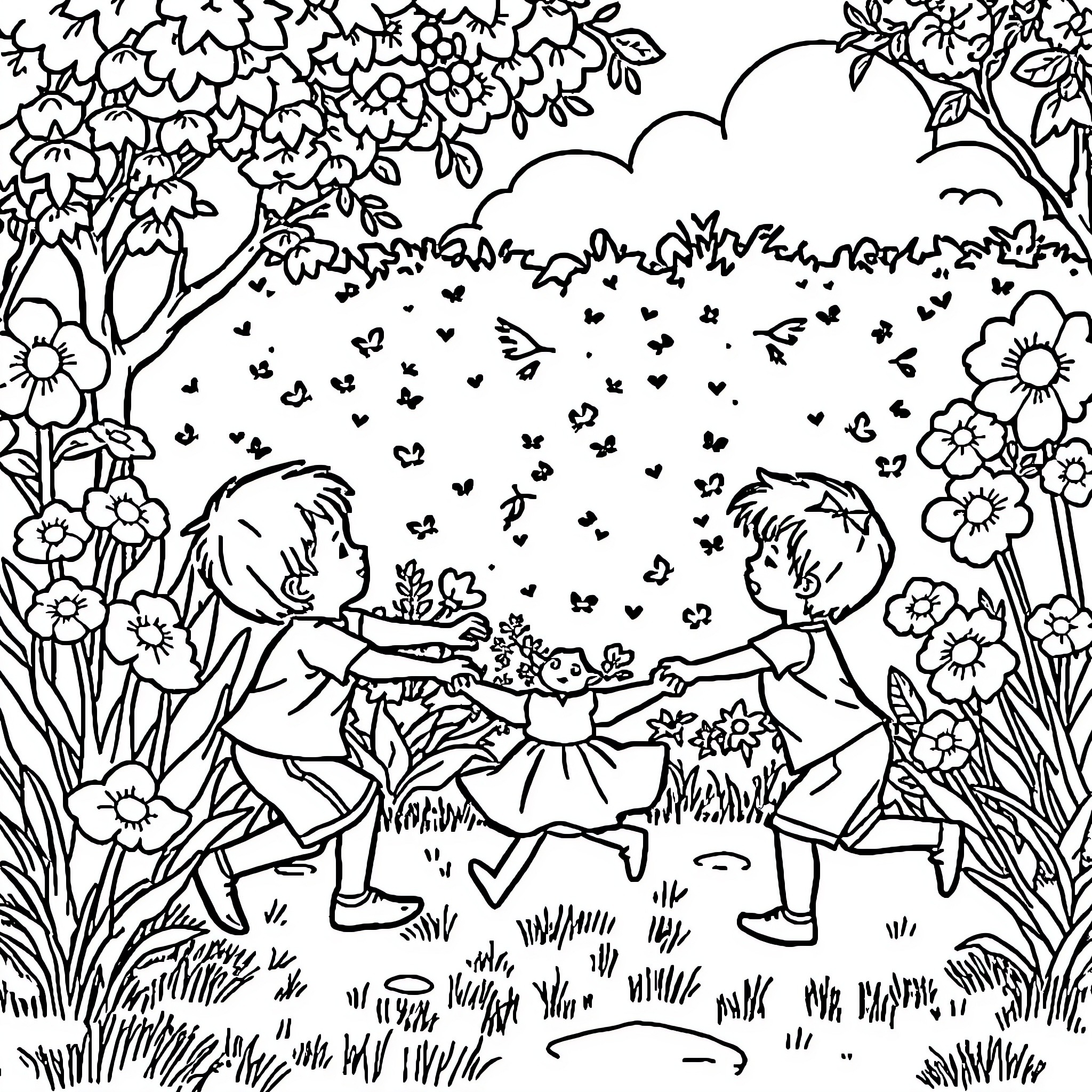 Boy and Girl Exploring Enchanting Floral Garden Coloring Page (free black-and-white line drawing printable PDF for all, from beginners to advanced learners, including children, teens, adults, and seniors)