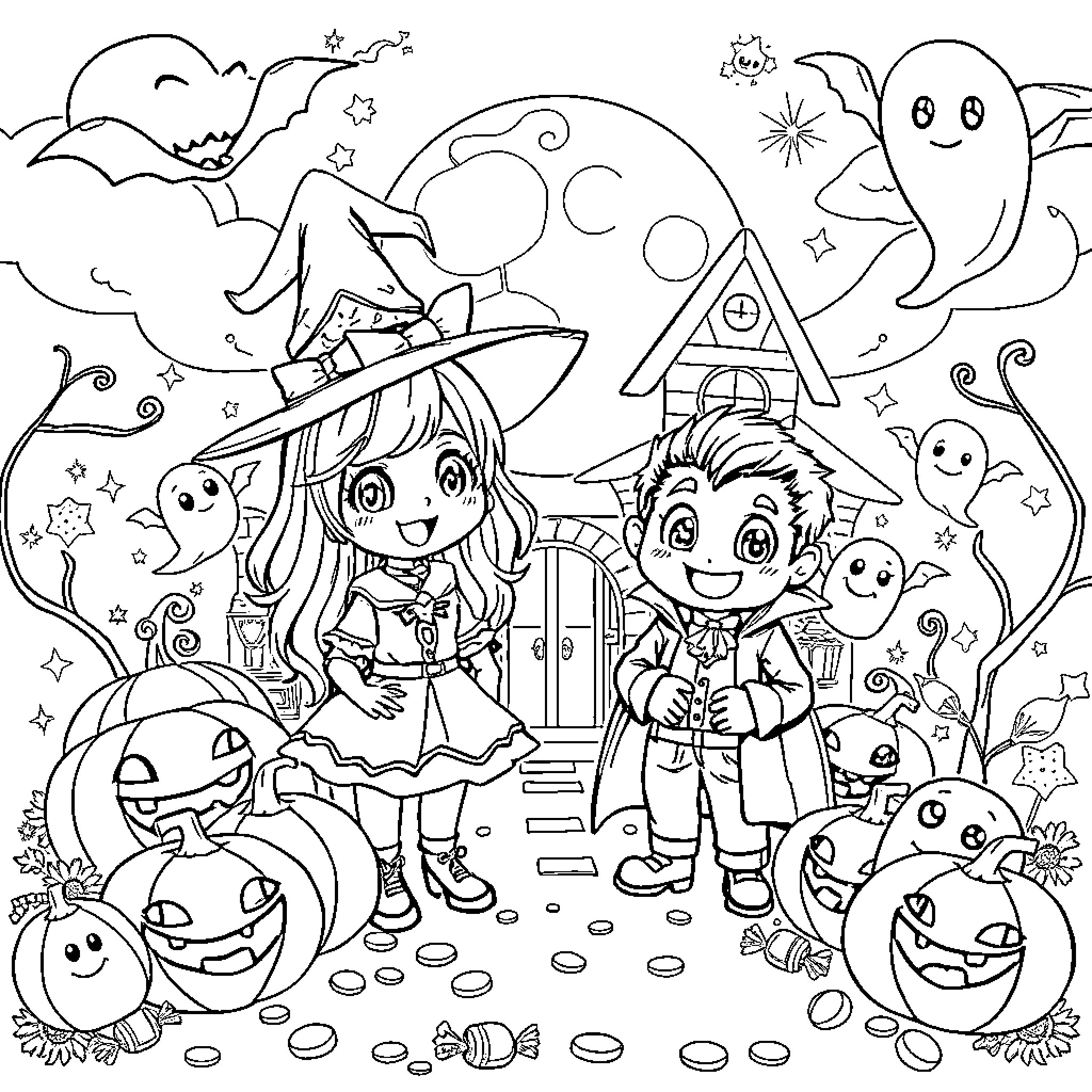 Witch kids celebrate Halloween night with spooky friends Coloring Page (free black-and-white line drawing printable PDF for all, from beginners to advanced learners, including children, teens, adults, and seniors)