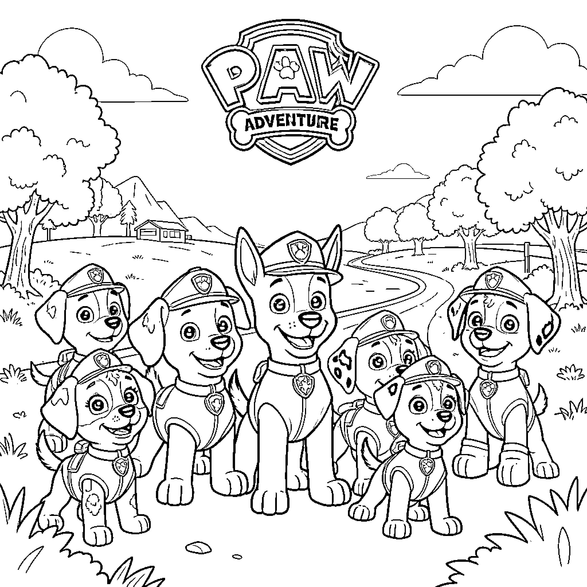 Paw Patrol Team Exploring the Adventure Coloring Page (free black-and-white line drawing printable PDF for all, from beginners to advanced learners, including children, teens, adults, and seniors)
