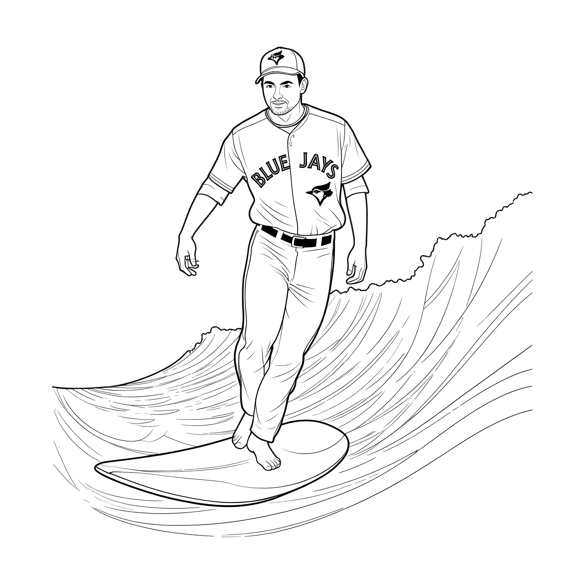 Carlos Delgado surfing on a baseball wave Coloring Page (free black-and-white line drawing printable PDF for all, from beginners to advanced learners, including children, teens, adults, and seniors)
