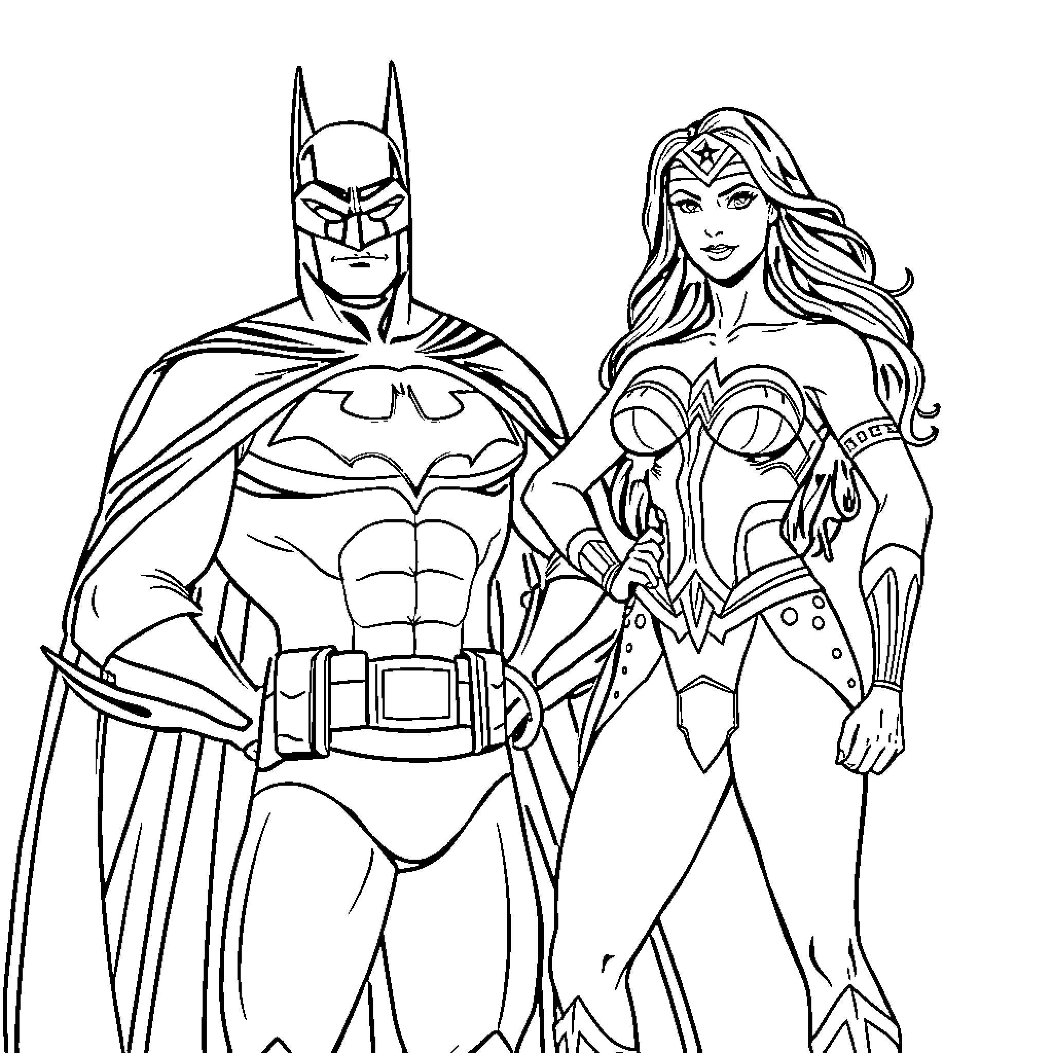 Batman and Wonder Woman posing heroically Coloring Page (free black-and-white line drawing printable PDF for all, from beginners to advanced learners, including children, teens, adults, and seniors)