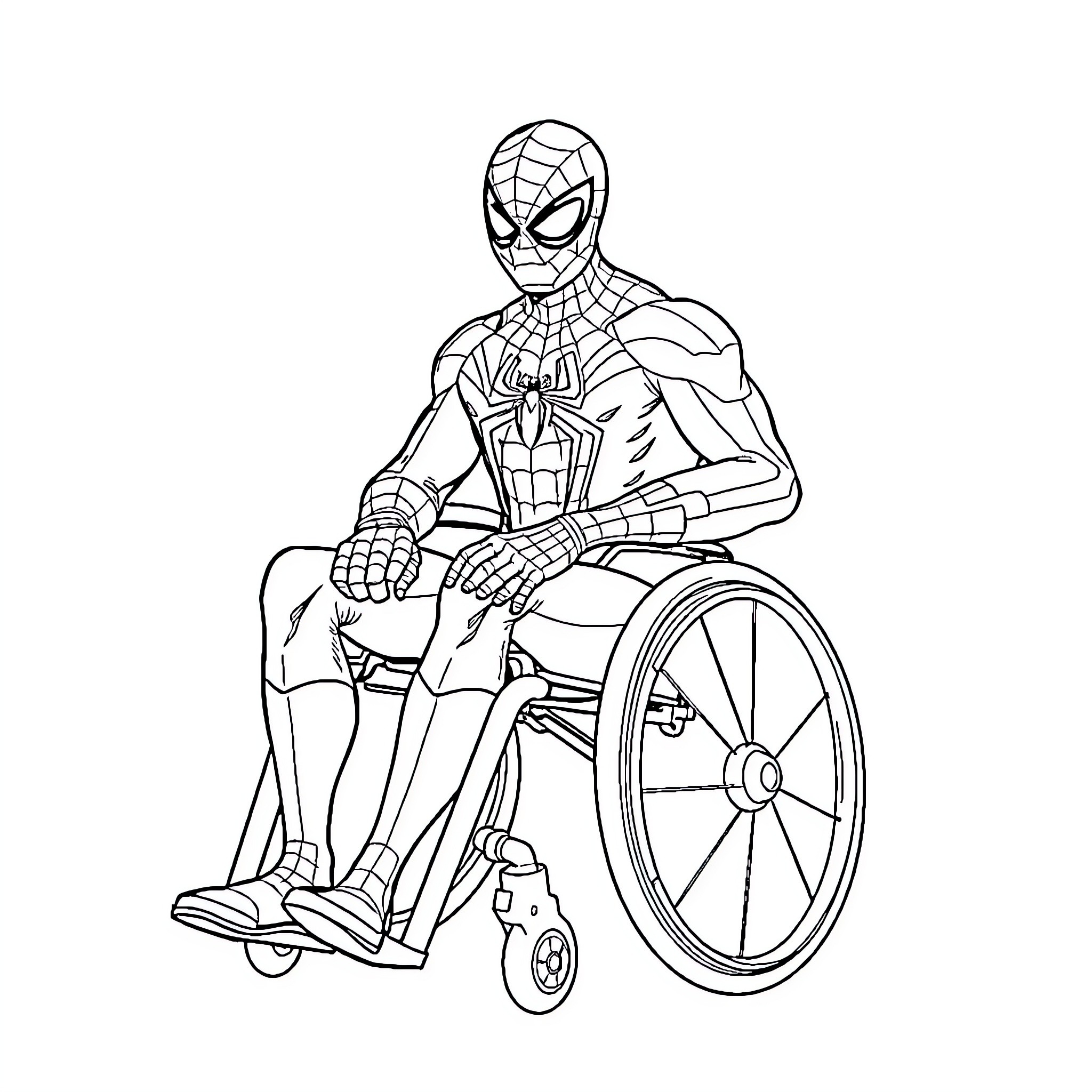 Spider-Man Wheelchair Bound, Heroically Determined Coloring Page (free black-and-white line drawing printable PDF for all, from beginners to advanced learners, including children, teens, adults, and seniors)