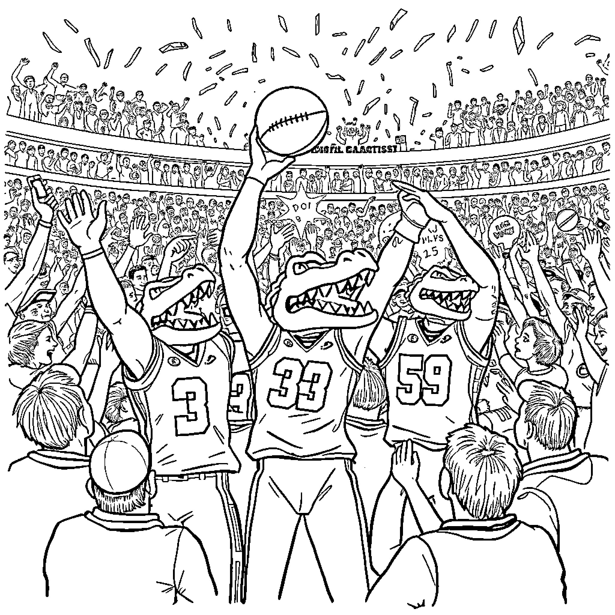 Florida Gator players celebrating win in packed stadium Coloring Page (free black-and-white line drawing printable PDF for all, from beginners to advanced learners, including children, teens, adults, and seniors)