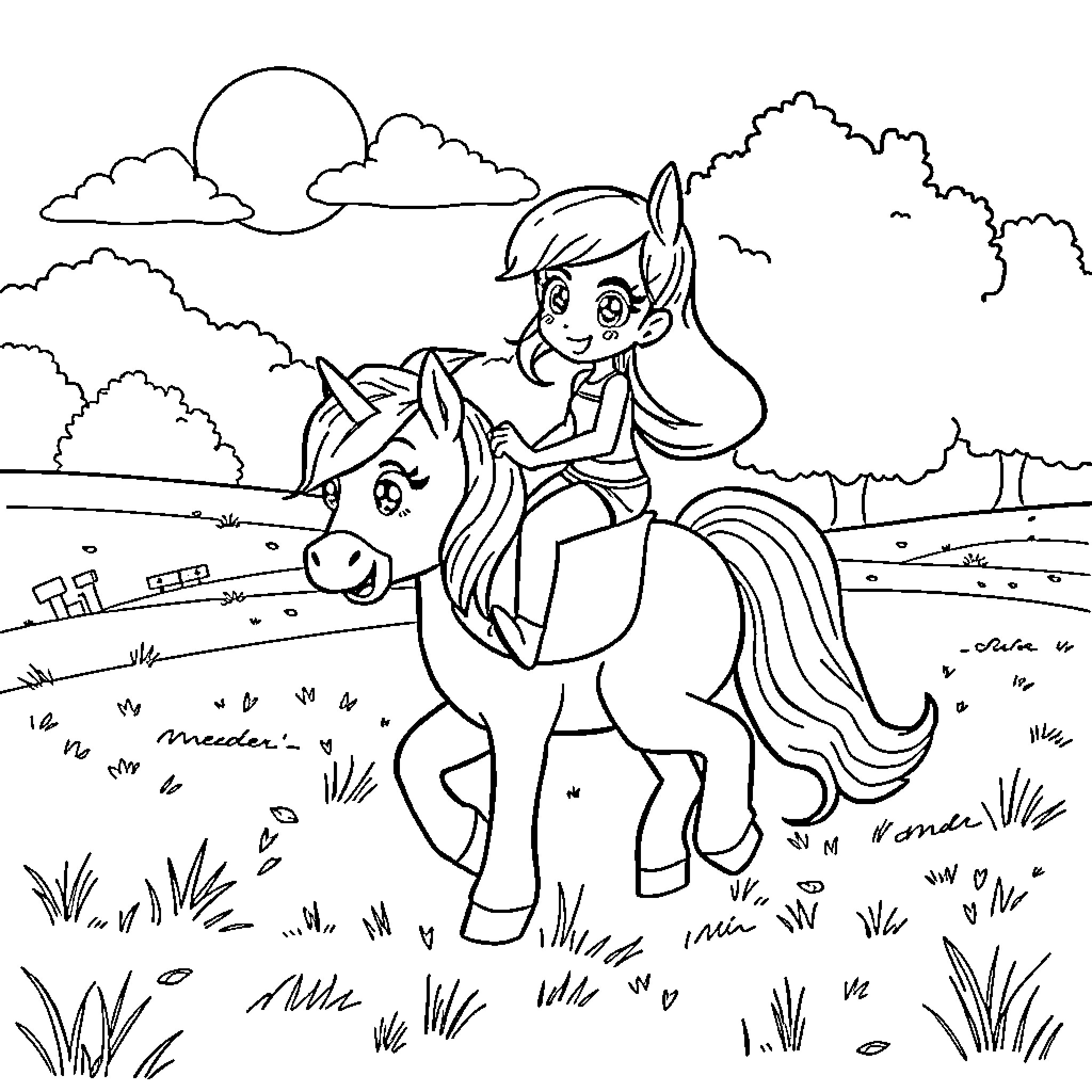 Rumi's Joyful Ride on a Magical Pony Coloring Page (free black-and-white line drawing printable PDF for all, from beginners to advanced learners, including children, teens, adults, and seniors)
