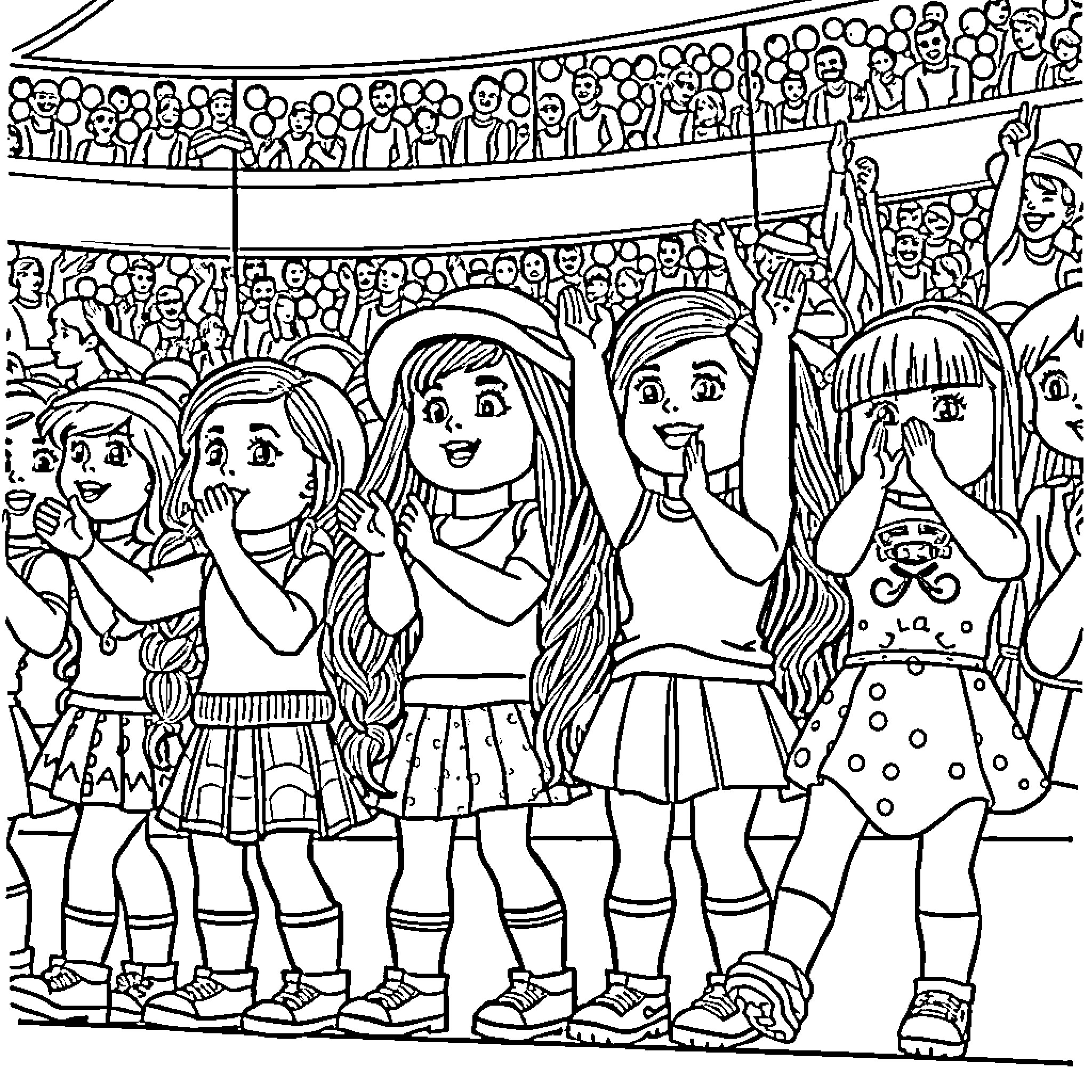 American Girl Dolls celebrating and cheering in a crowd Coloring Page (free black-and-white line drawing printable PDF for all, from beginners to advanced learners, including children, teens, adults, and seniors)