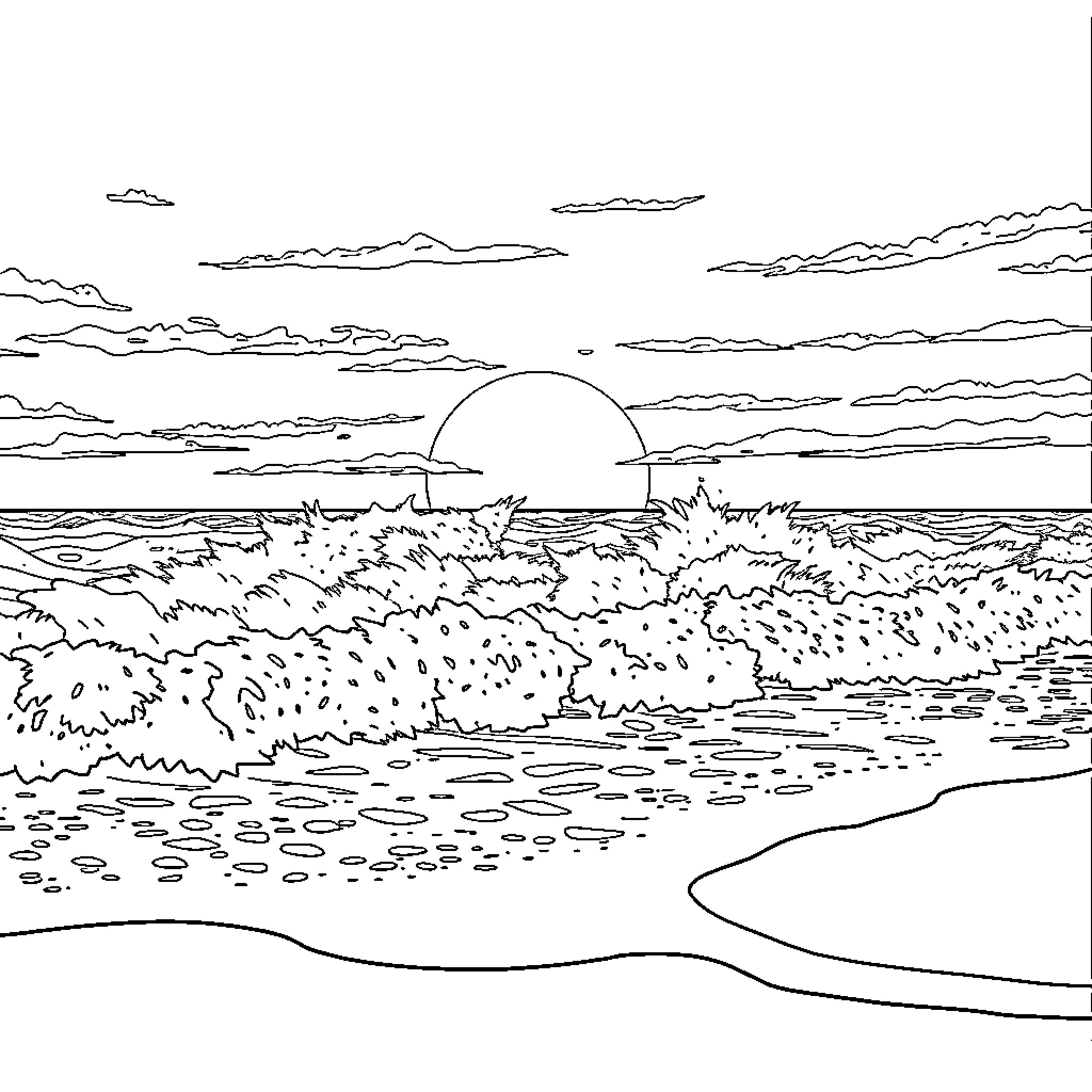 Surf the tranquil waves at sunset Coloring Page (free black-and-white line drawing printable PDF for all, from beginners to advanced learners, including children, teens, adults, and seniors)
