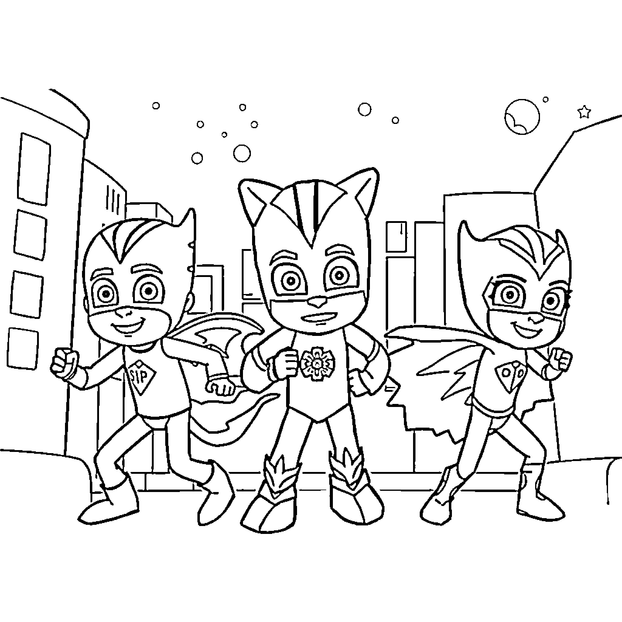 Pj Masks characters in action poses Coloring Page (free black-and-white line drawing printable PDF for all, from beginners to advanced learners, including children, teens, adults, and seniors)