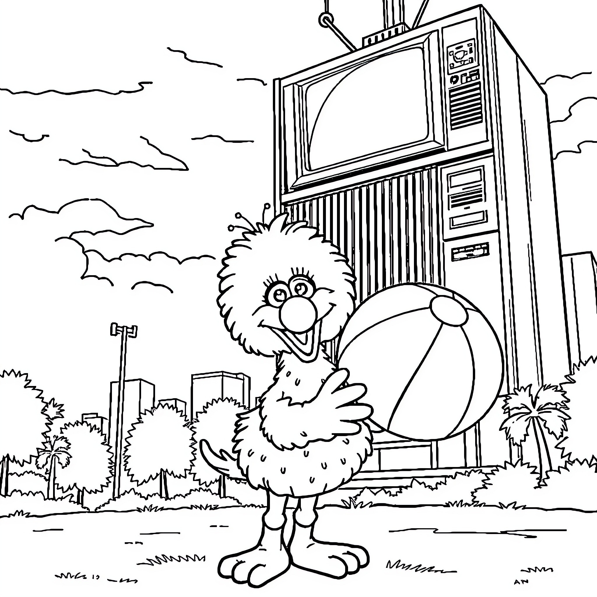 Big Bird playing with a ball in front of a TV Coloring Page (free black-and-white line drawing printable PDF for all, from beginners to advanced learners, including children, teens, adults, and seniors)