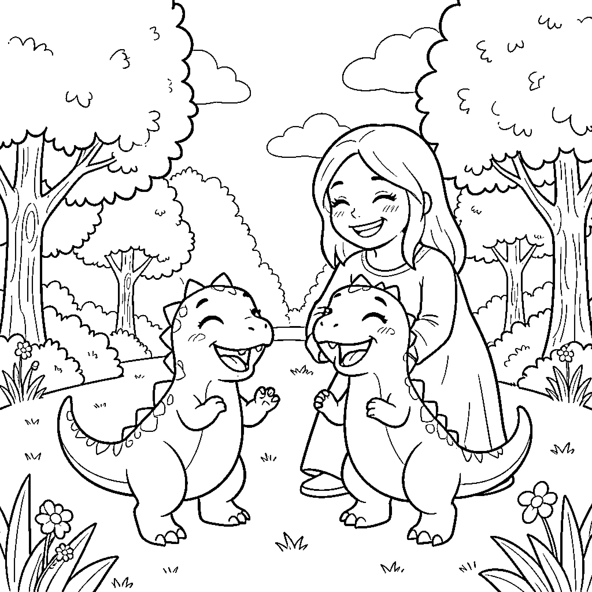 Dinosaur playing joyfully with a smiling young girl Coloring Page (free black-and-white line drawing printable PDF for all, from beginners to advanced learners, including children, teens, adults, and seniors)