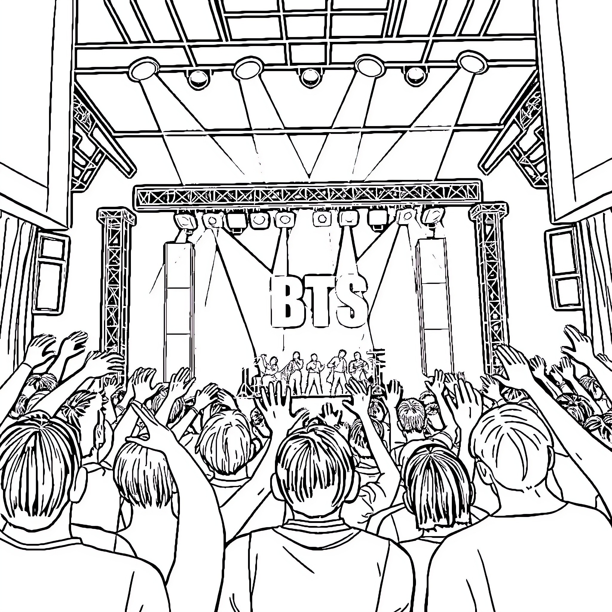 BTS Performing on Stage with Cheering Crowd Coloring Page (free black-and-white line drawing printable PDF for all, from beginners to advanced learners, including children, teens, adults, and seniors)