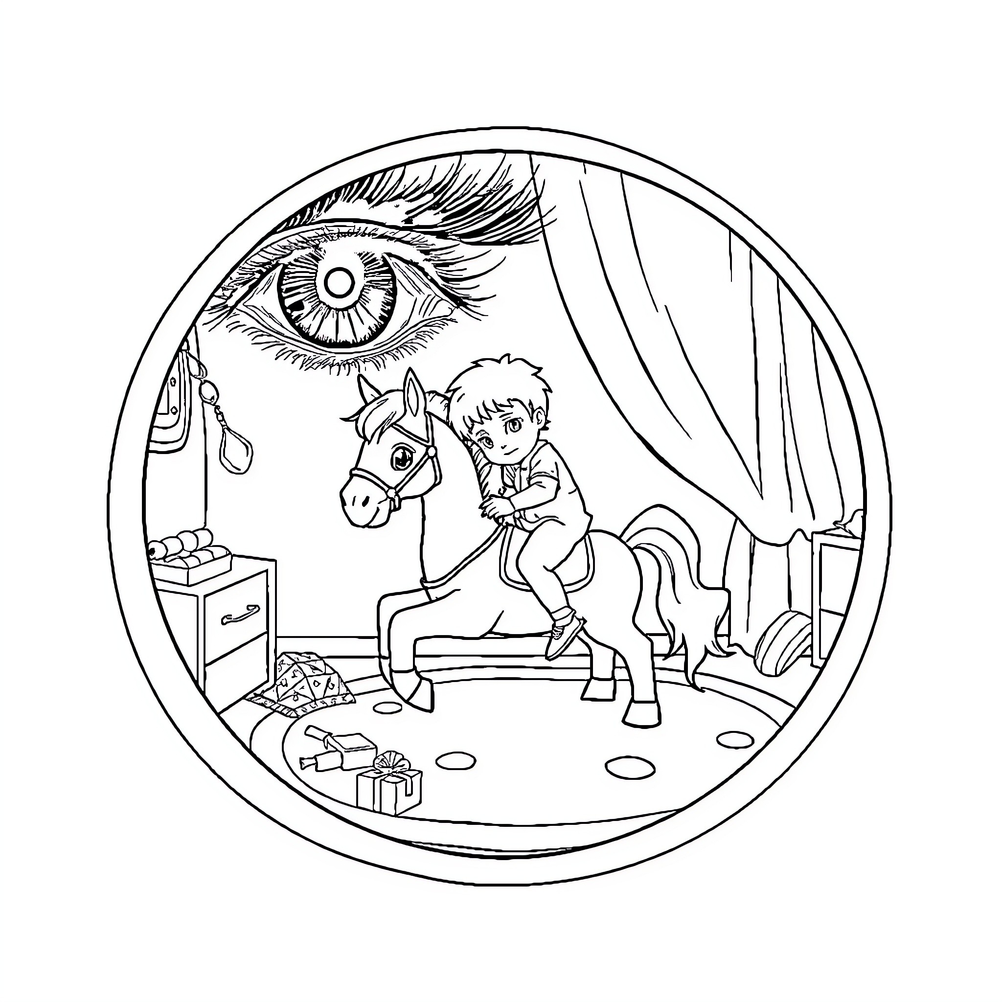 Oeil: Boy playing with toy horse in circular frame Coloring Page (free black-and-white line drawing printable PDF for all, from beginners to advanced learners, including children, teens, adults, and seniors)