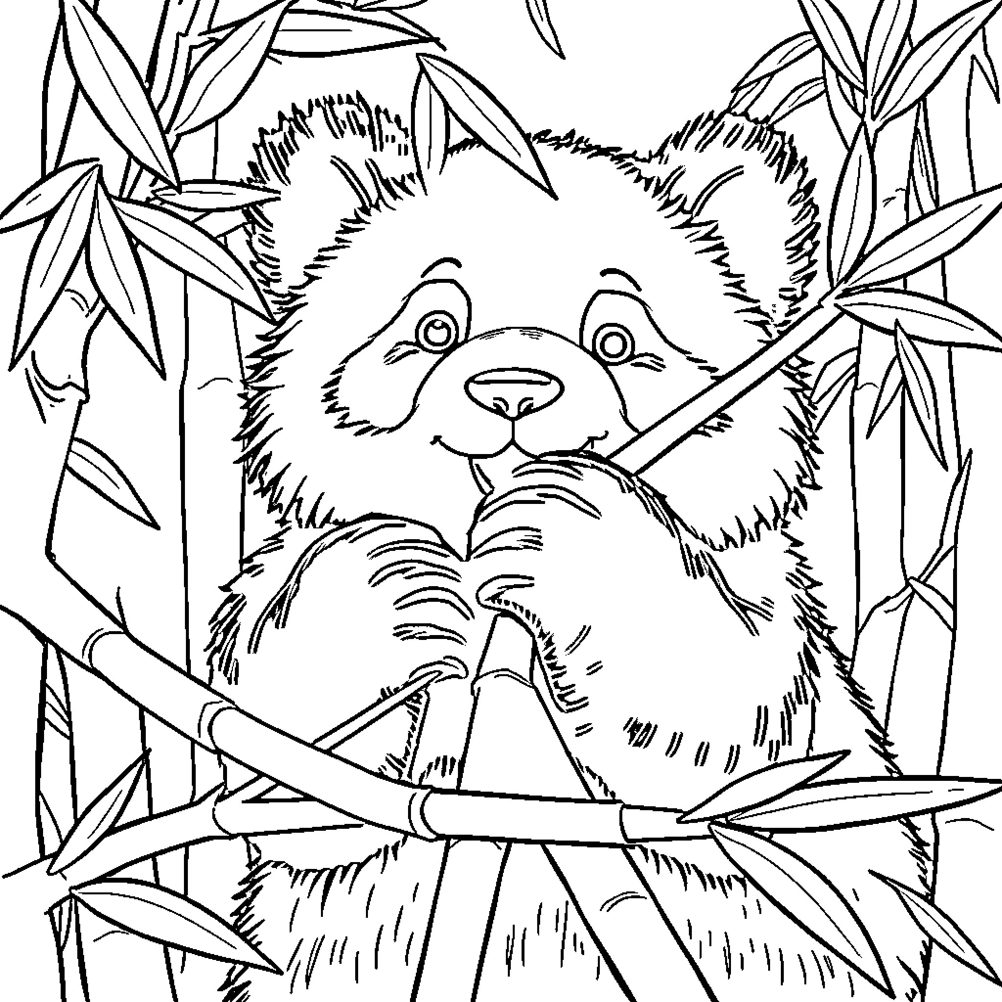 Panda enjoying bamboo leaves in the wild Coloring Page (free black-and-white line drawing printable PDF for all, from beginners to advanced learners, including children, teens, adults, and seniors)