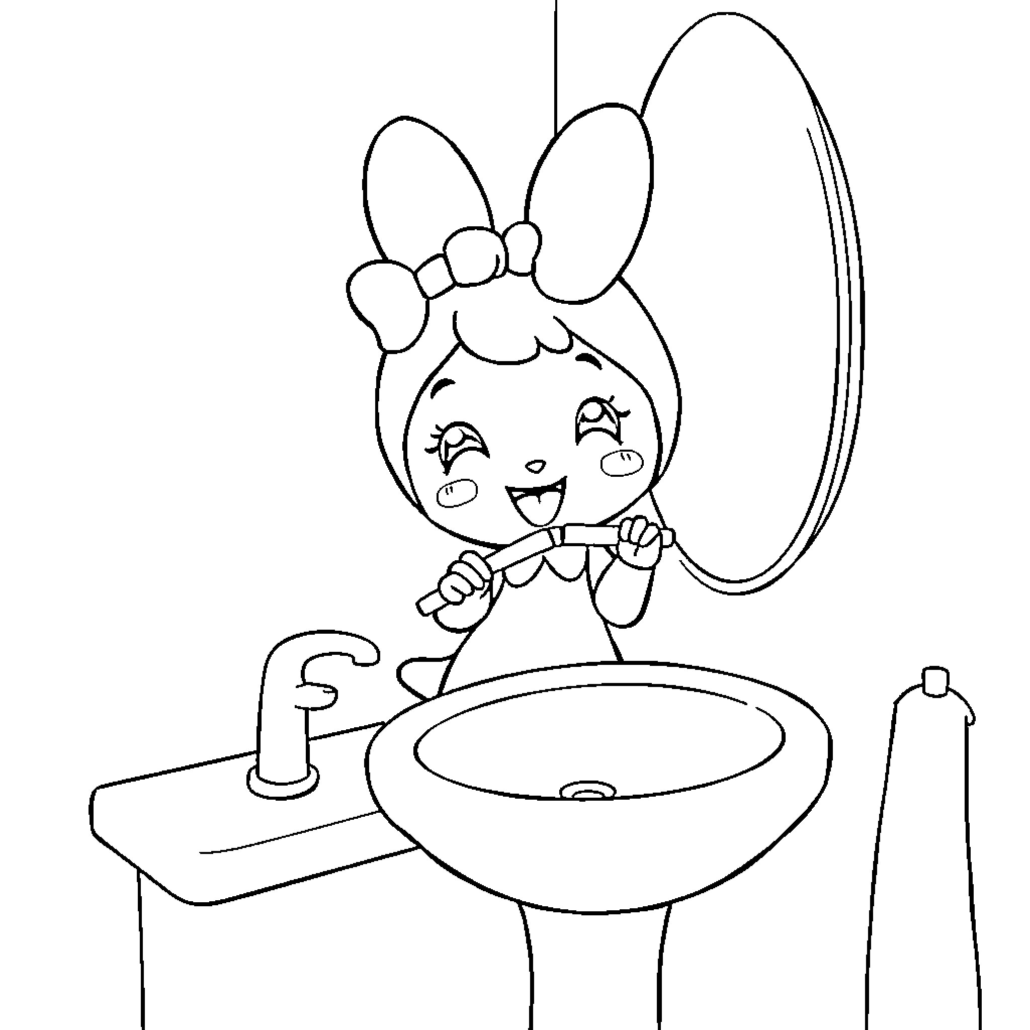 My Melody Brushing Teeth in the Bathroom Coloring Page (free black-and-white line drawing printable PDF for all, from beginners to advanced learners, including children, teens, adults, and seniors)