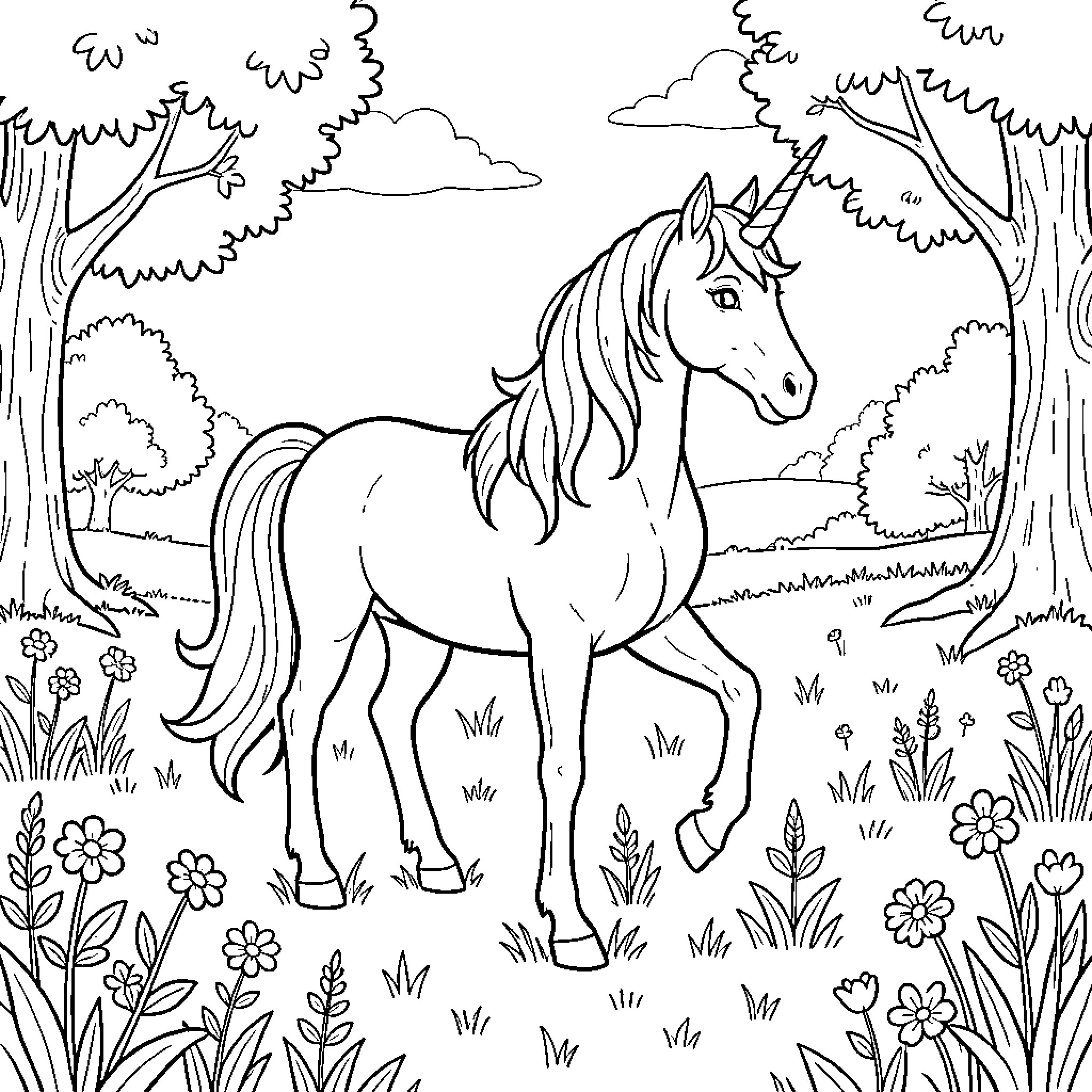 Unicorn standing gracefully in a flower meadow Coloring Page (free black-and-white line drawing printable PDF for all, from beginners to advanced learners, including children, teens, adults, and seniors)