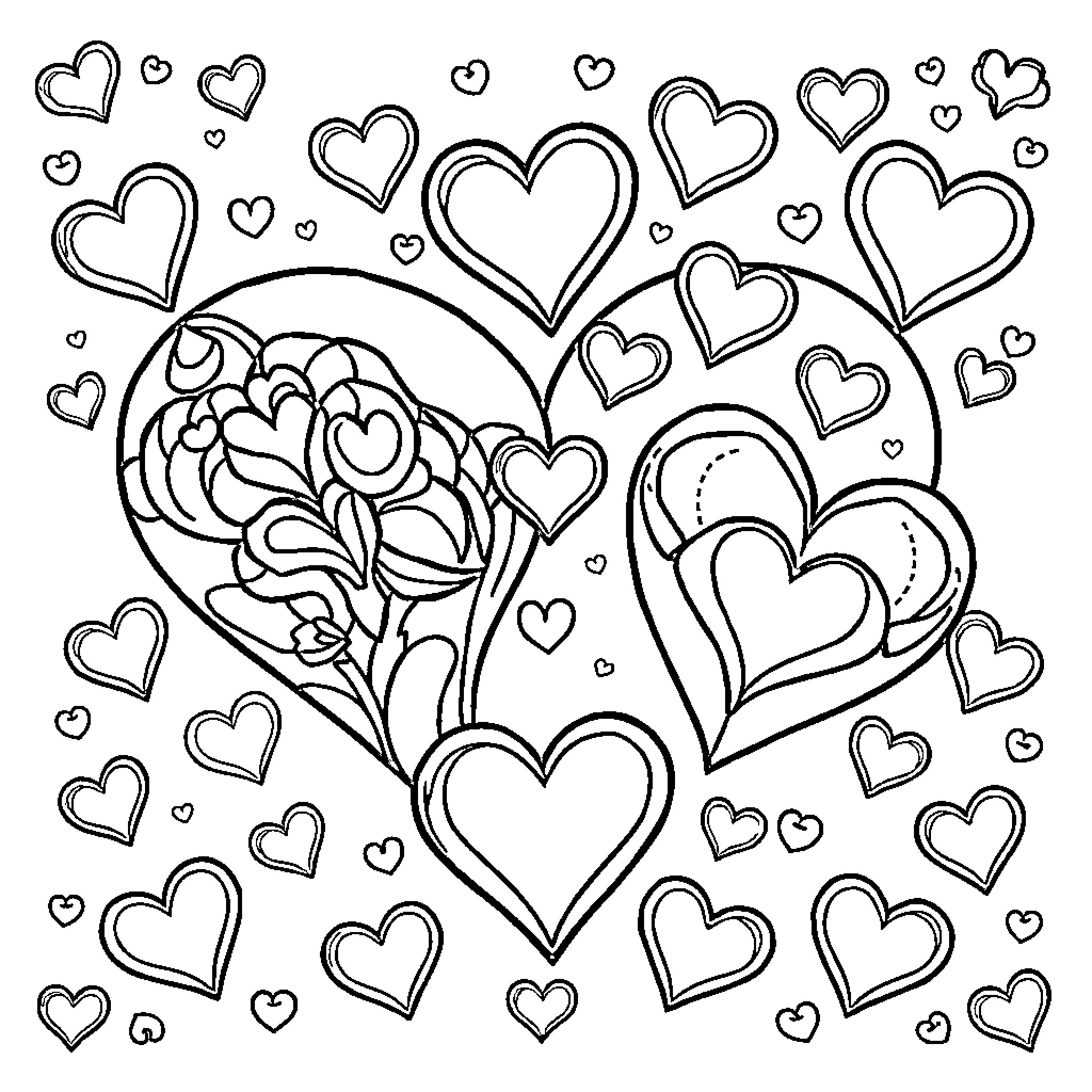 Heart-shaped Floral and Decorative Elements Coloring Page (free black-and-white line drawing printable PDF for all, from beginners to advanced learners, including children, teens, adults, and seniors)