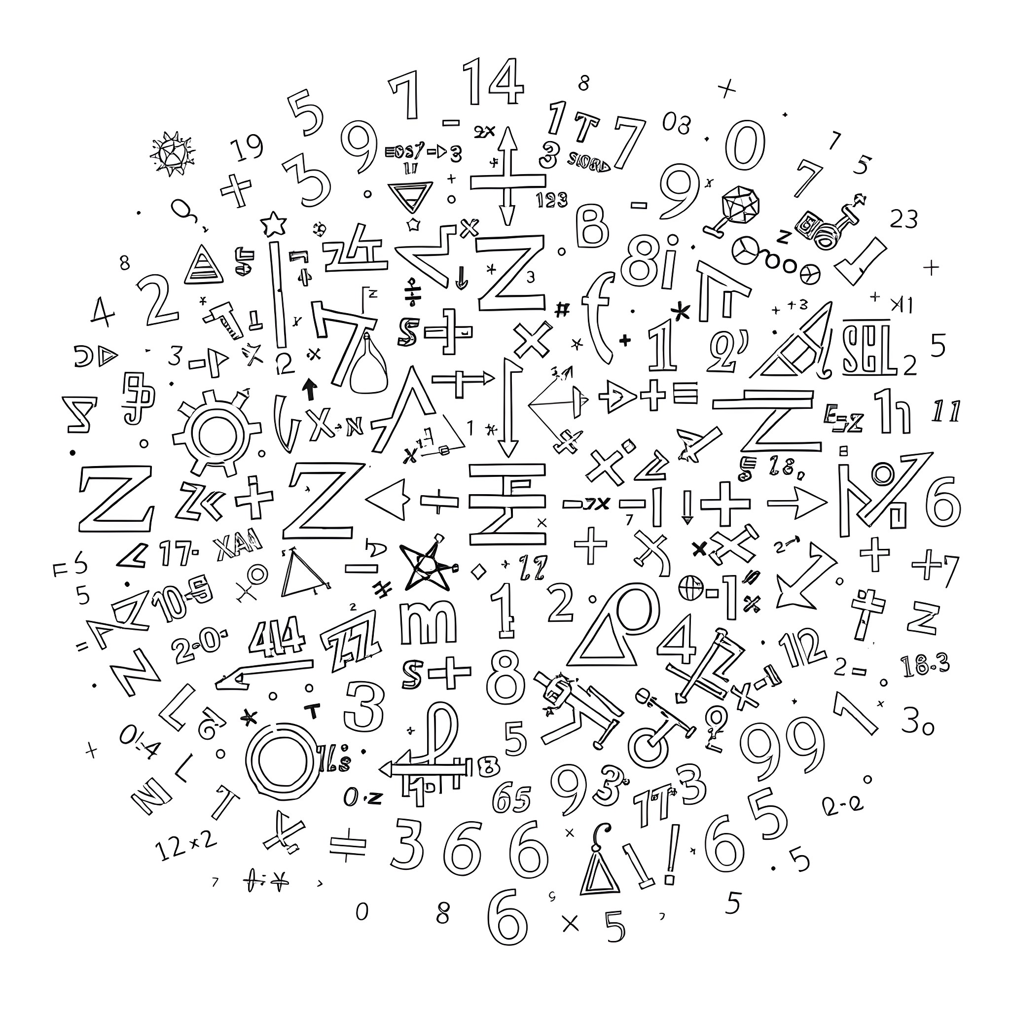 Math symbols and numbers in a chaotic arrangement Coloring Page (free black-and-white line drawing printable PDF for all, from beginners to advanced learners, including children, teens, adults, and seniors)