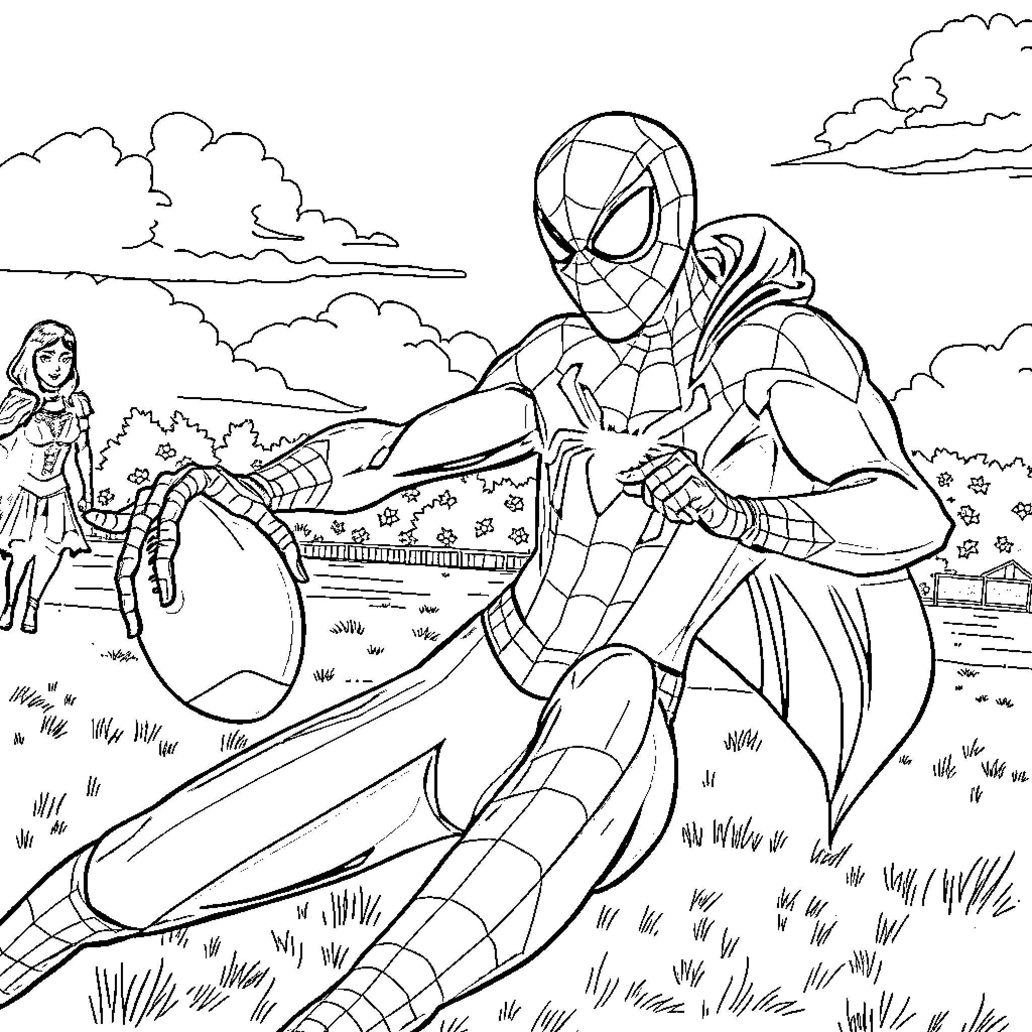 Spiderman swinging through the city with a girl Coloring Page (free black-and-white line drawing printable PDF for all, from beginners to advanced learners, including children, teens, adults, and seniors)