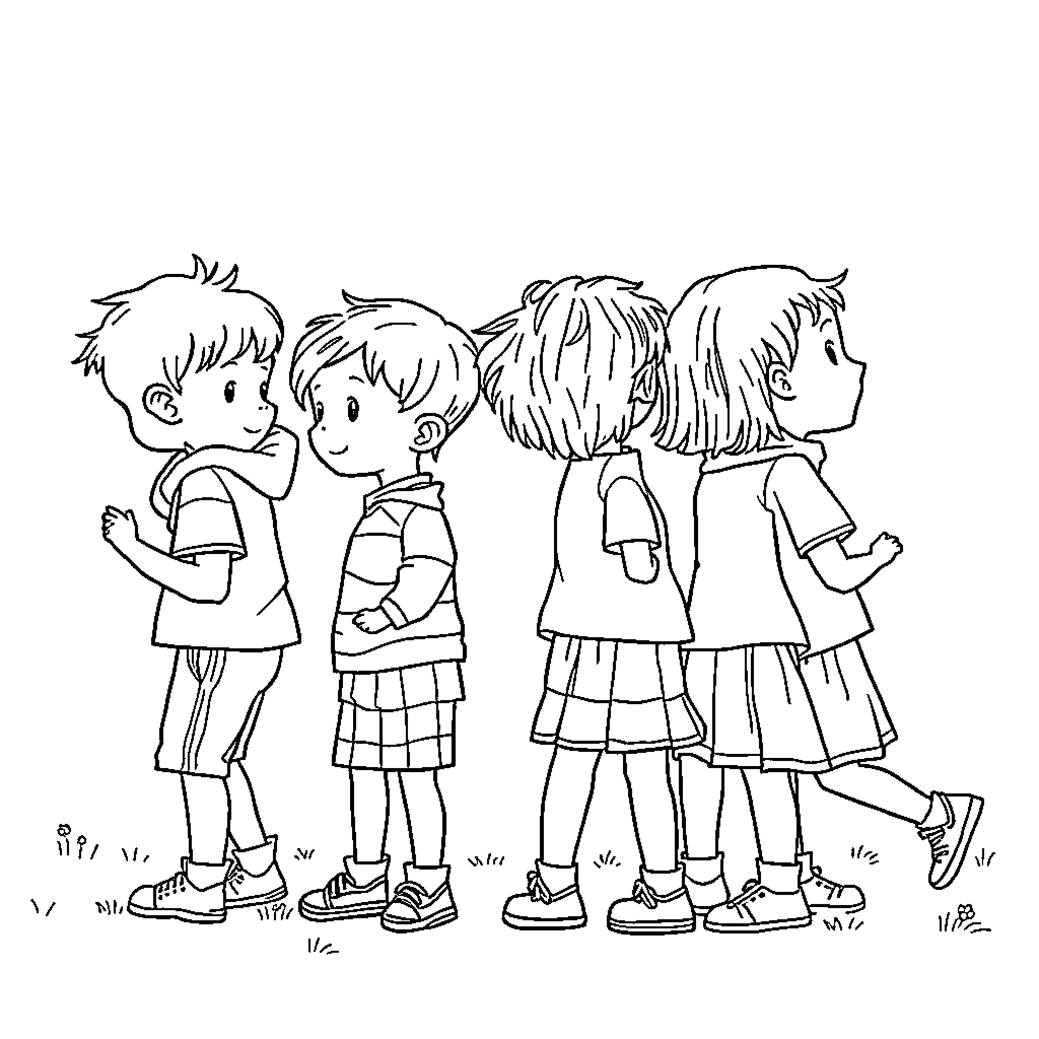 Child friends playing together in the schoolyard Coloring Page (free black-and-white line drawing printable PDF for all, from beginners to advanced learners, including children, teens, adults, and seniors)
