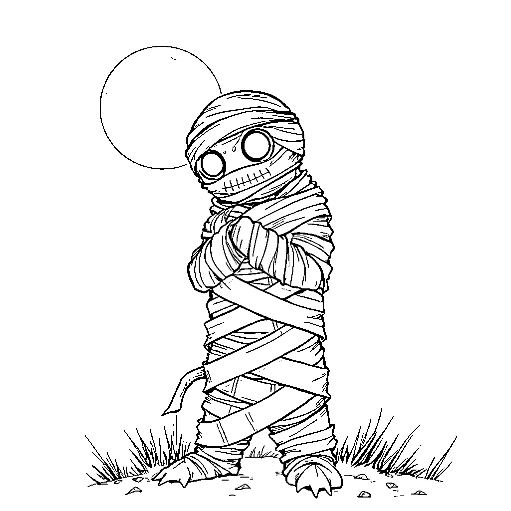Mummy walking in the moonlight Coloring Page (free black-and-white line drawing printable PDF for all, from beginners to advanced learners, including children, teens, adults, and seniors)