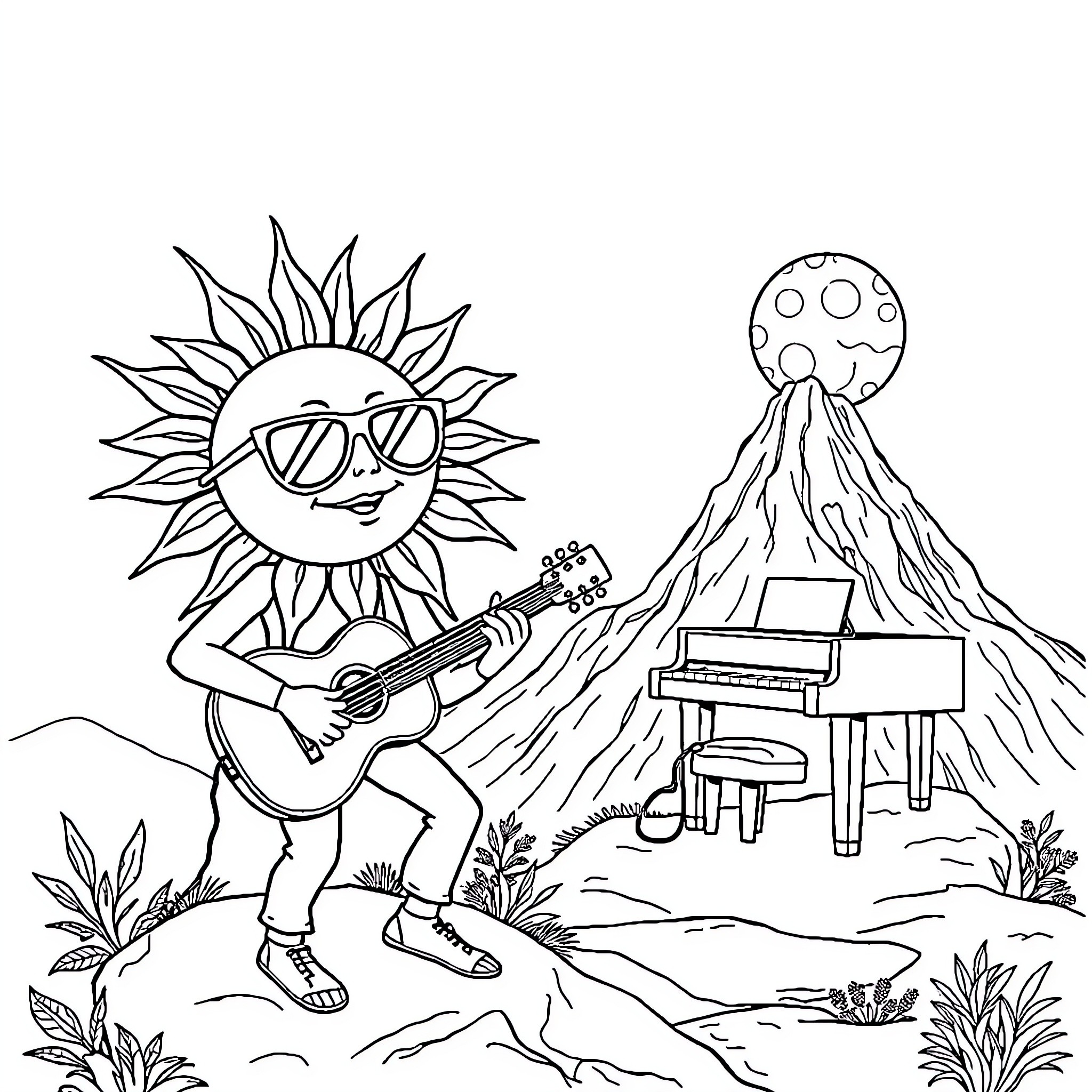 Sun Playing Guitar by the Volcanoes Coloring Page (free black-and-white line drawing printable PDF for all, from beginners to advanced learners, including children, teens, adults, and seniors)