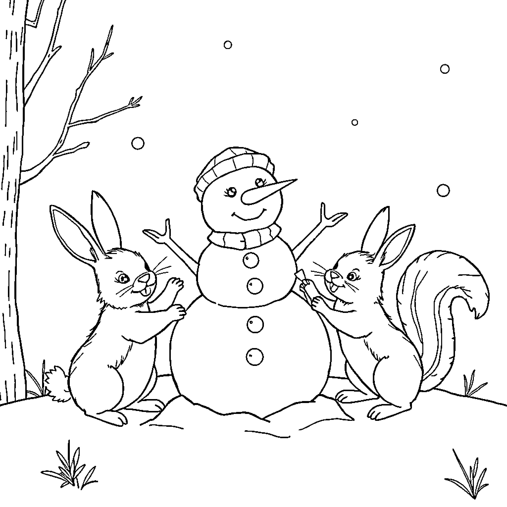 Animal friends enjoy the winter snowman Coloring Page (free black-and-white line drawing printable PDF for all, from beginners to advanced learners, including children, teens, adults, and seniors)
