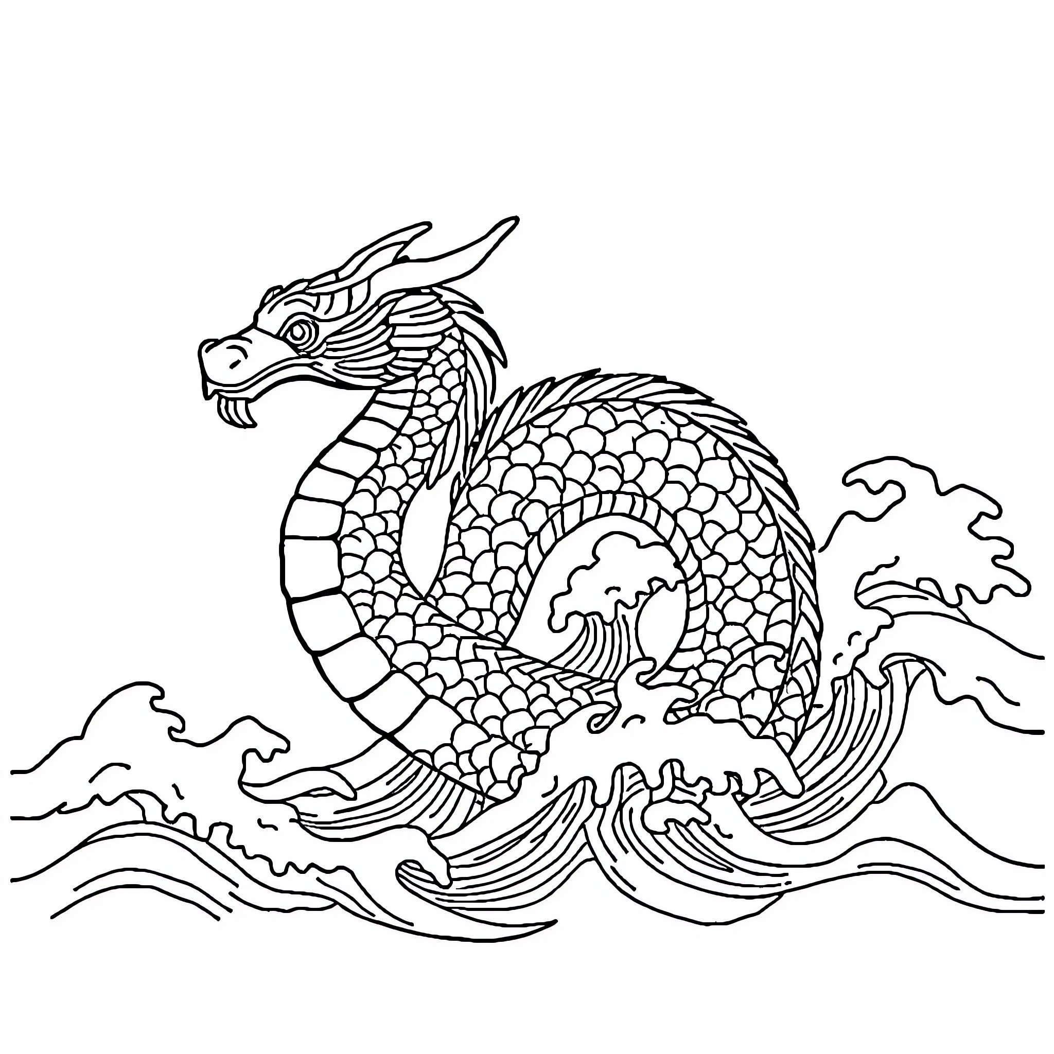 Sea Serpent exploring the ocean waves Coloring Page (free black-and-white line drawing printable PDF for all, from beginners to advanced learners, including children, teens, adults, and seniors)
