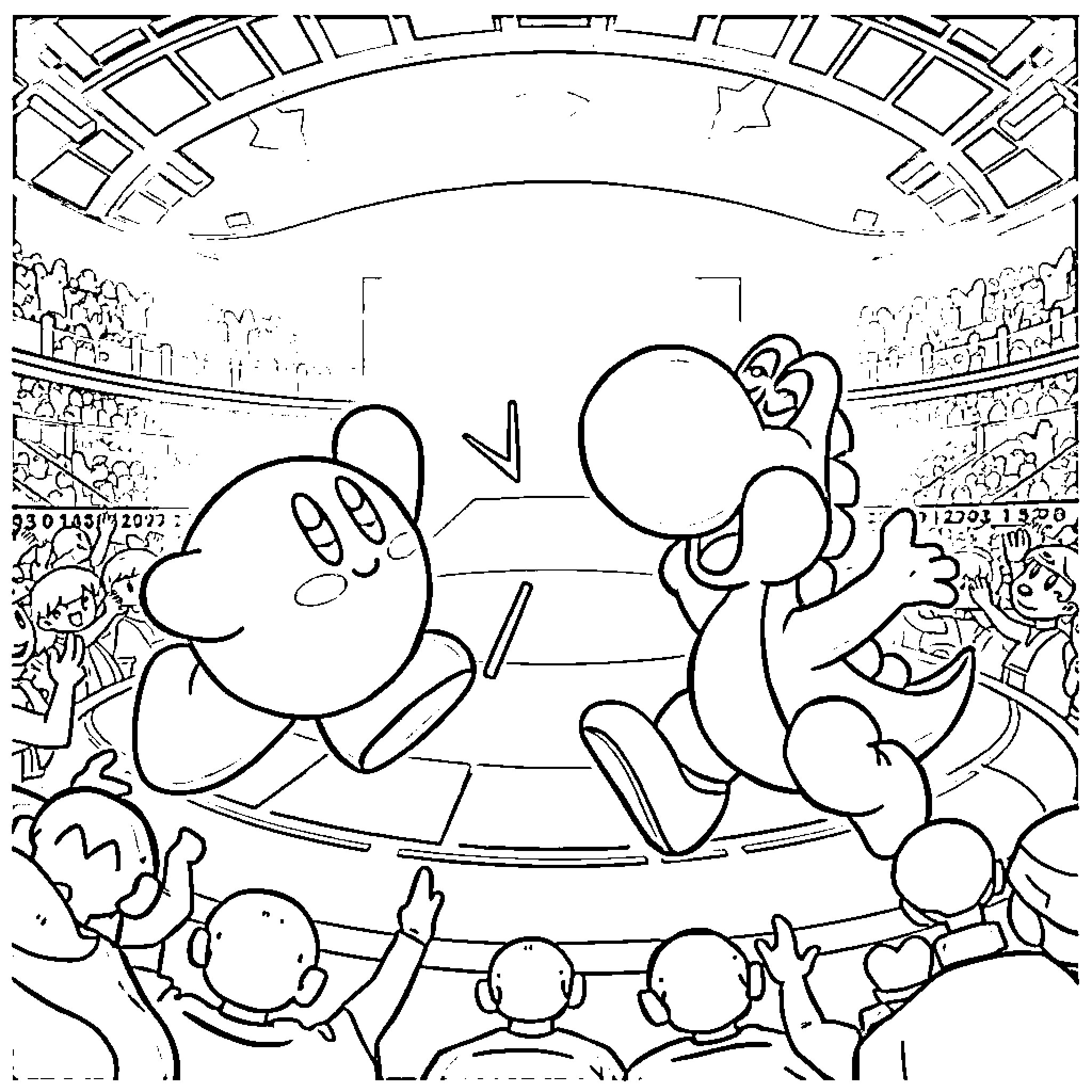Kirby and friends in a lively sports arena Coloring Page (free black-and-white line drawing printable PDF for all, from beginners to advanced learners, including children, teens, adults, and seniors)