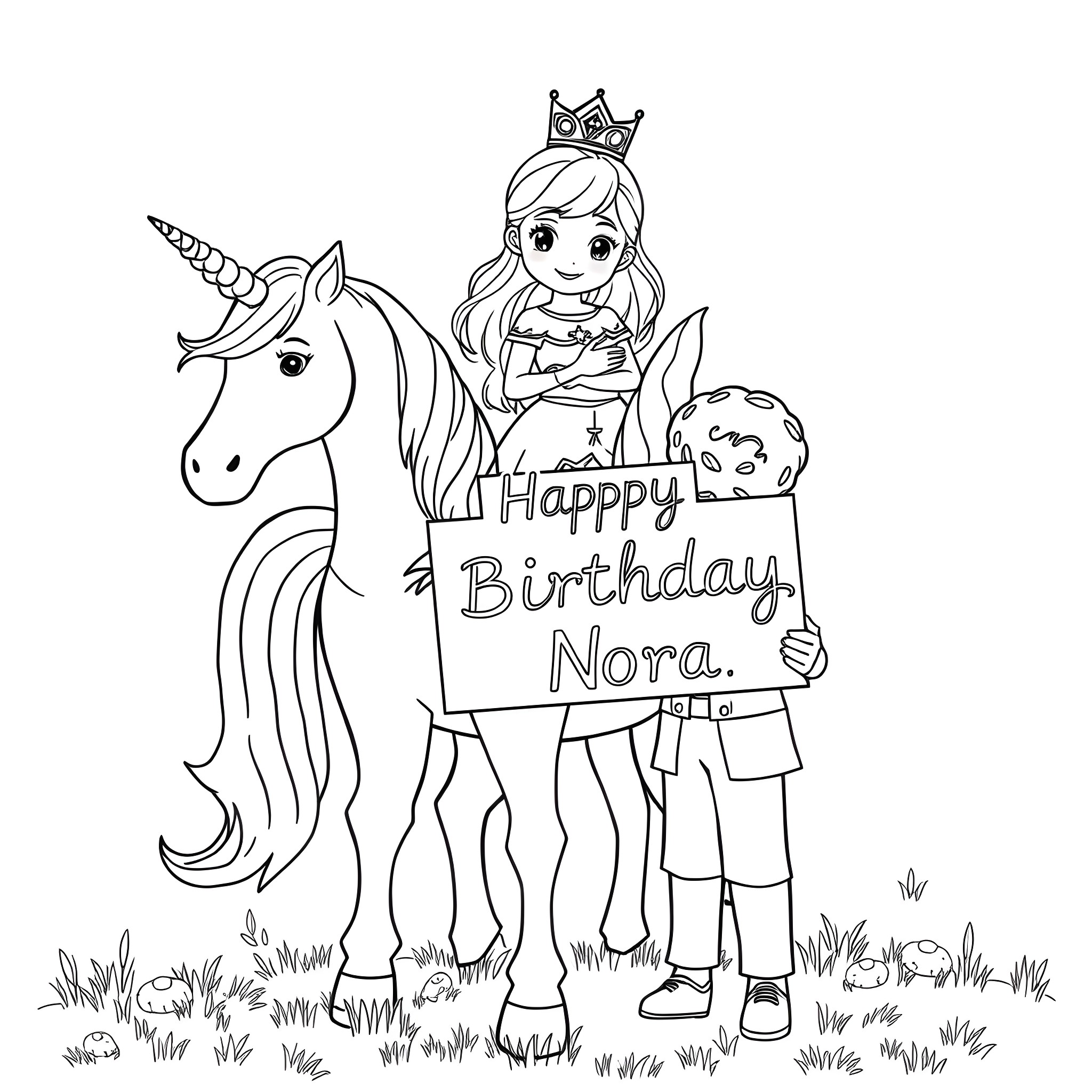 Princess celebrates birthday with a unicorn Coloring Page (free black-and-white line drawing printable PDF for all, from beginners to advanced learners, including children, teens, adults, and seniors)
