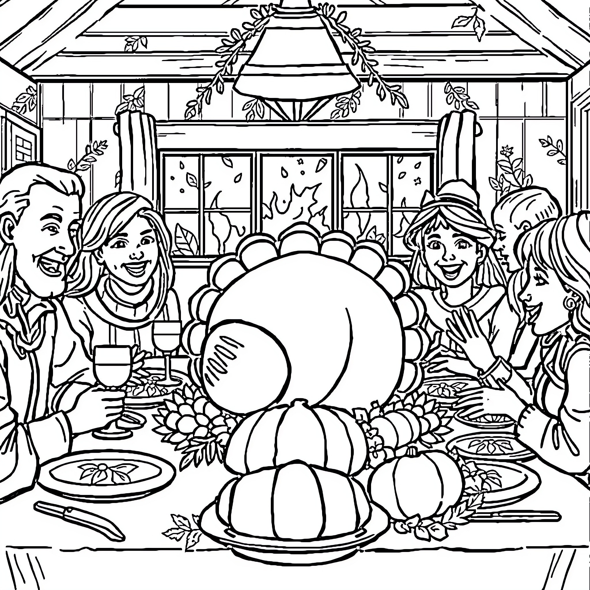 Thanksgiving family gathering with festive meal Coloring Page (free black-and-white line drawing printable PDF for all, from beginners to advanced learners, including children, teens, adults, and seniors)