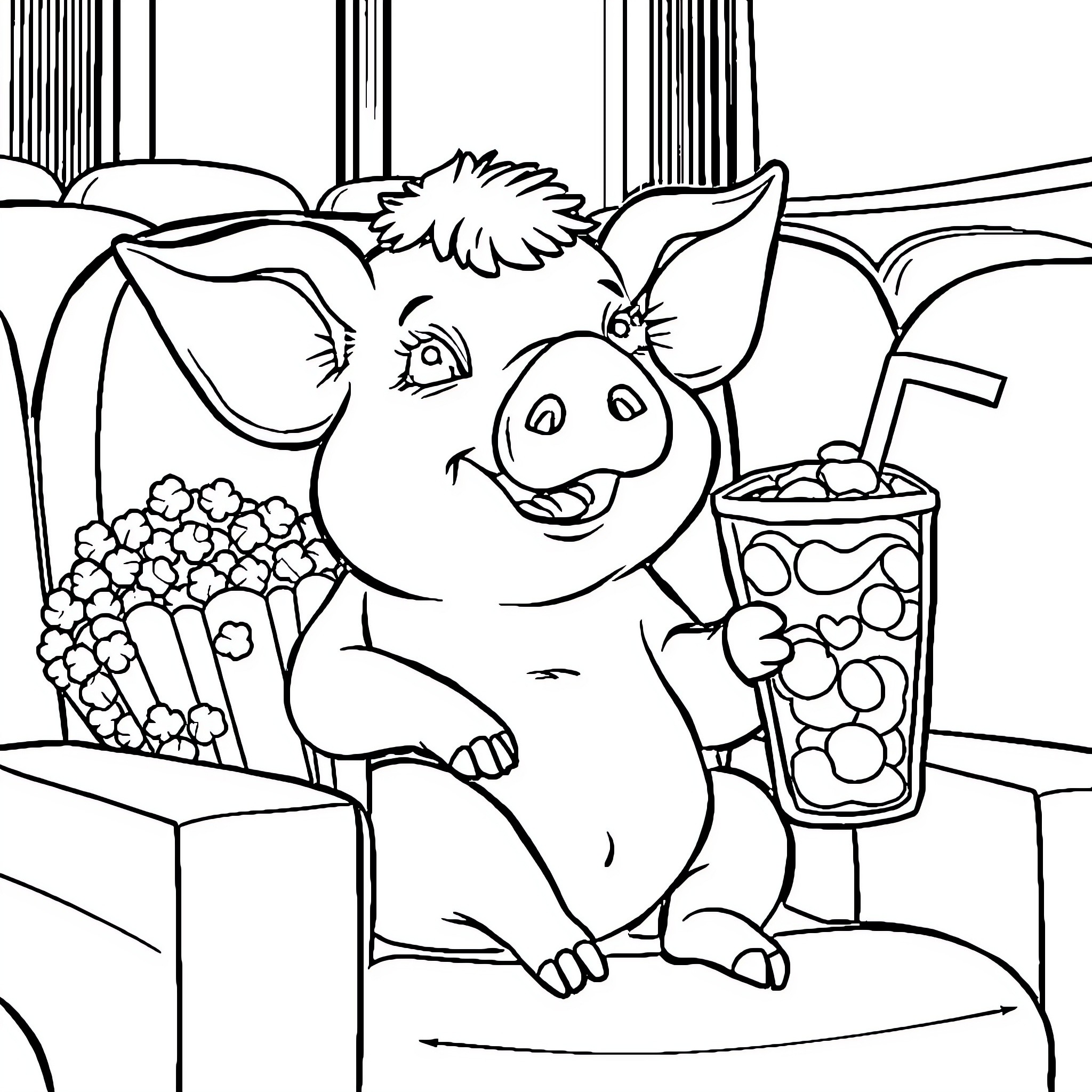 Pig enjoying snacks and drinks in the modern setting Coloring Page (free black-and-white line drawing printable PDF for all, from beginners to advanced learners, including children, teens, adults, and seniors)