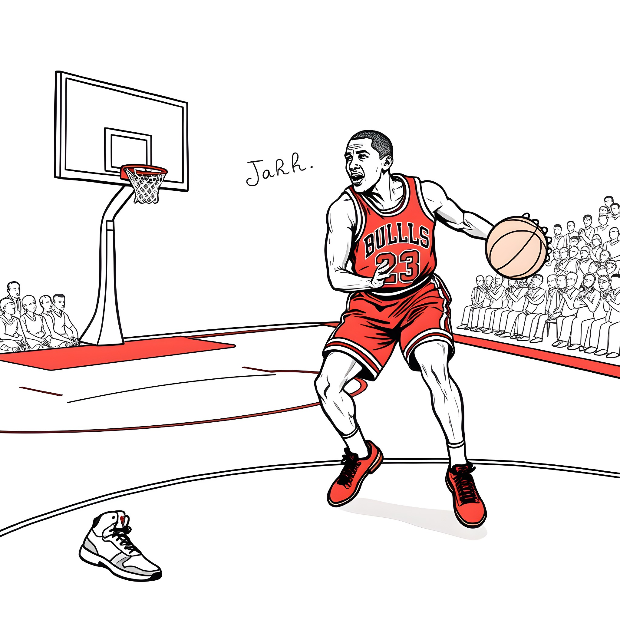 Obama playing basketball on the court Coloring Page (free black-and-white line drawing printable PDF for all, from beginners to advanced learners, including children, teens, adults, and seniors)