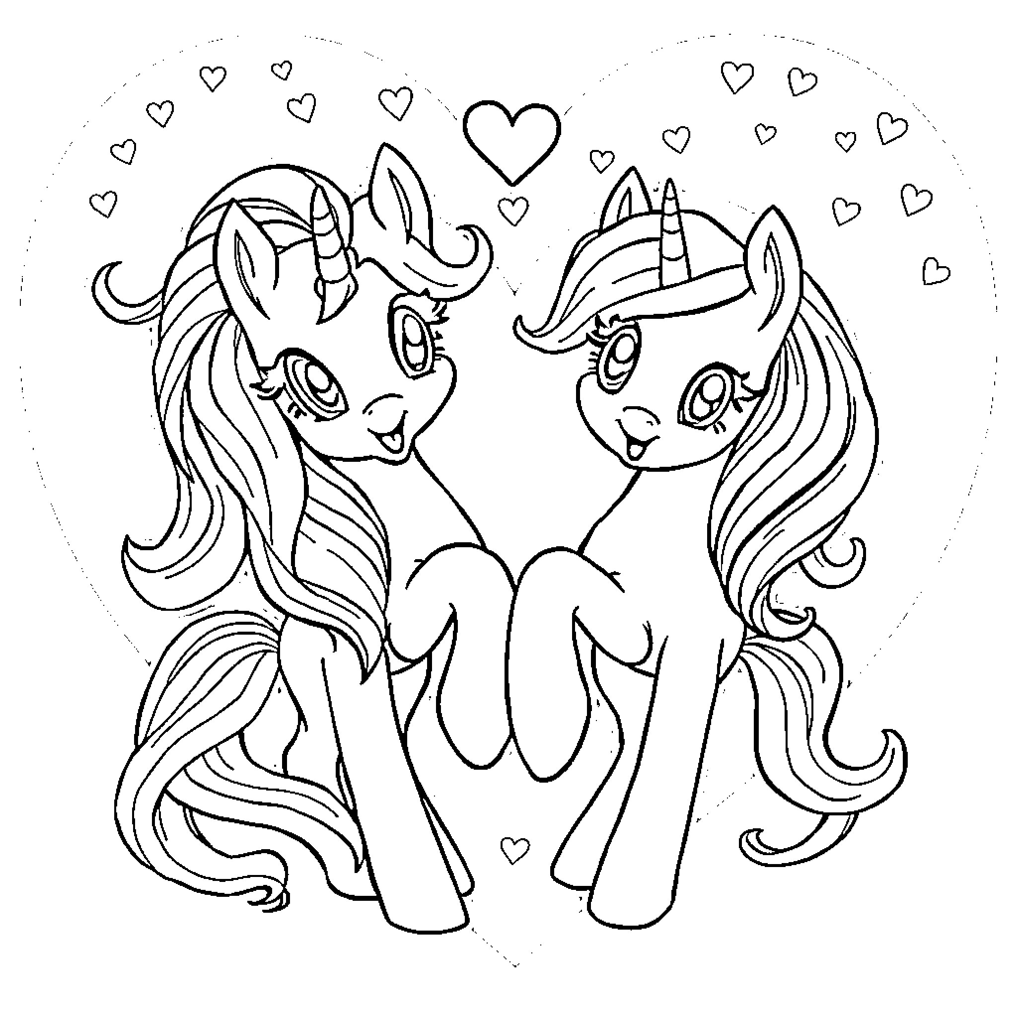 Pony friends sharing a heart-warming moment Coloring Page (free black-and-white line drawing printable PDF for all, from beginners to advanced learners, including children, teens, adults, and seniors)