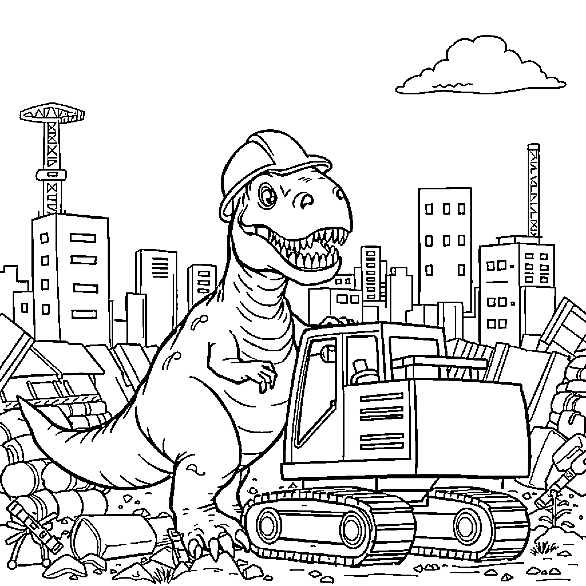 Dinosaur construction worker inspecting construction site Coloring Page (free black-and-white line drawing printable PDF for all, from beginners to advanced learners, including children, teens, adults, and seniors)