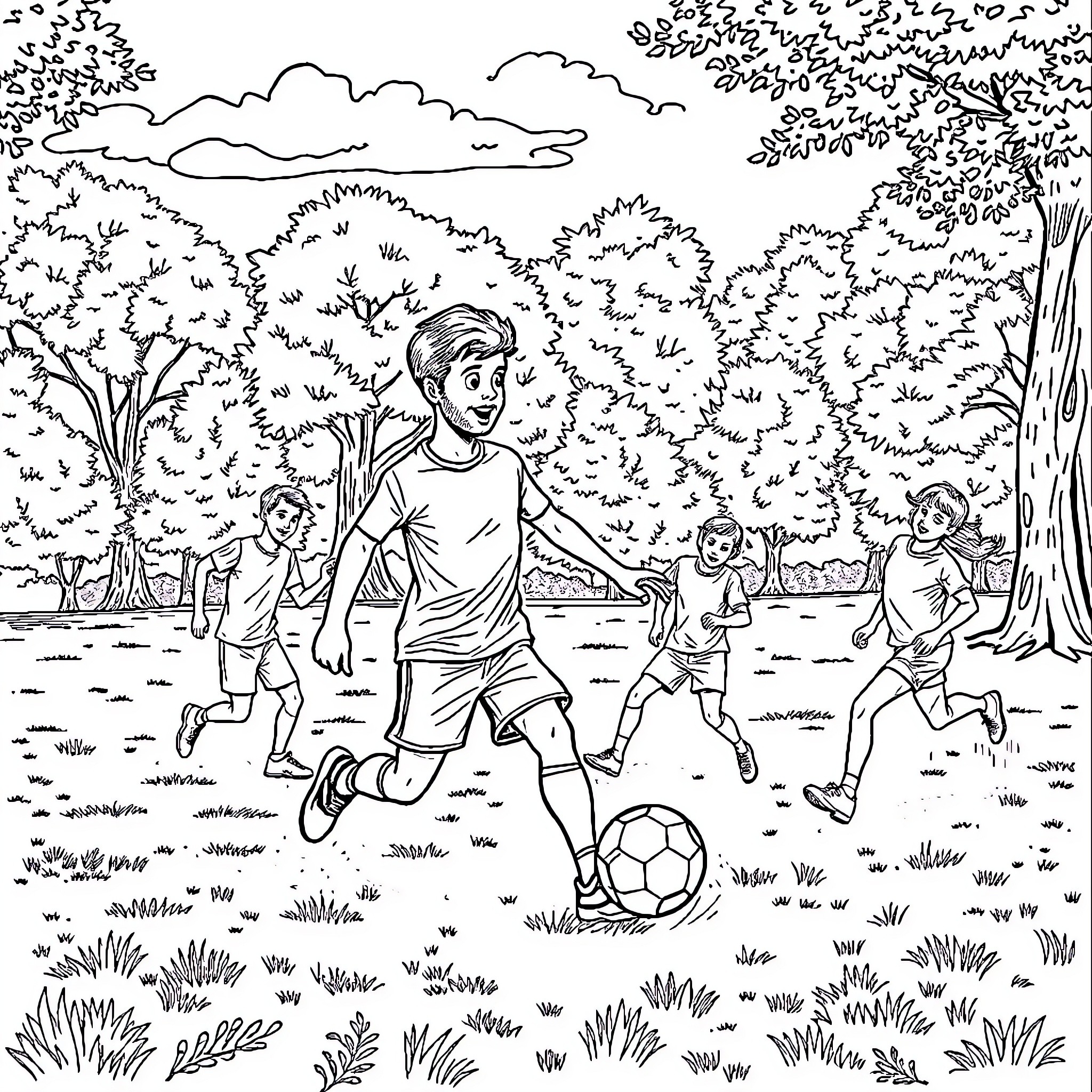 Barman playing soccer with children in the park Coloring Page (free black-and-white line drawing printable PDF for all, from beginners to advanced learners, including children, teens, adults, and seniors)