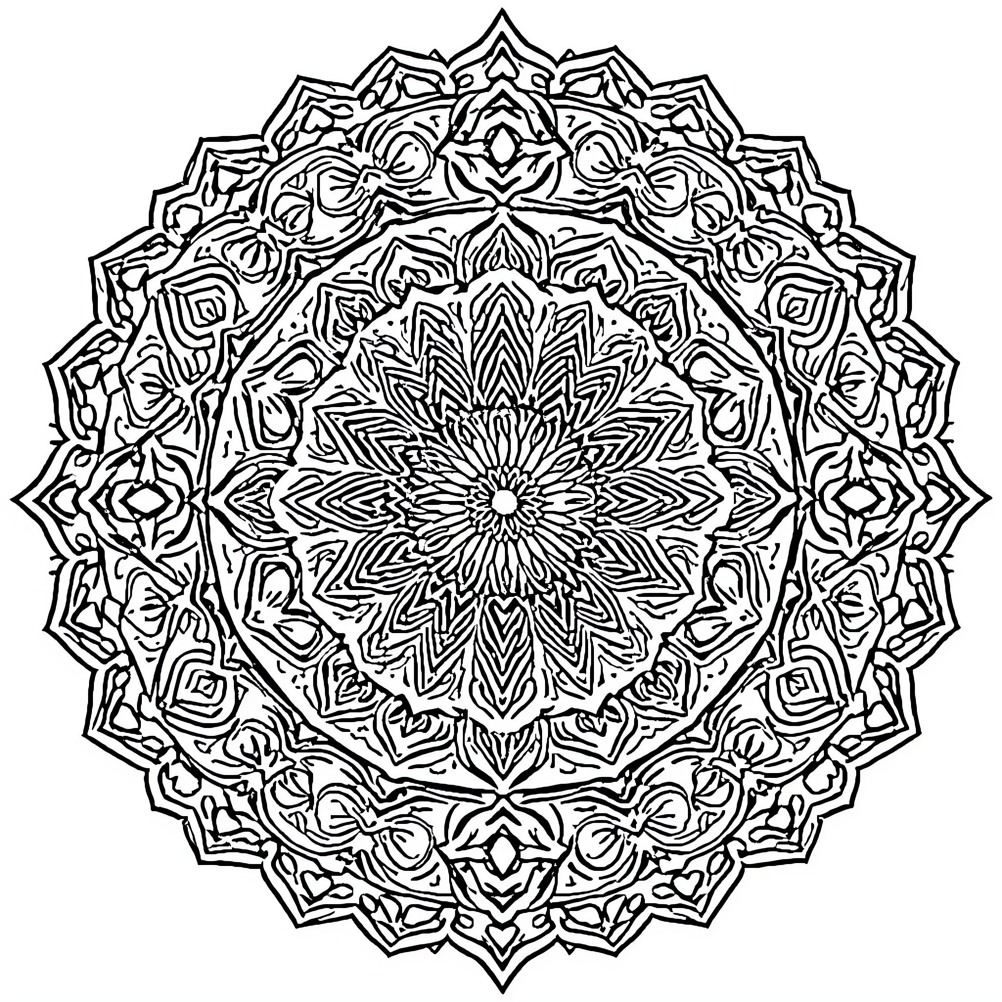 Mandala of Intricate Floral Patterns Coloring Page (free black-and-white line drawing printable PDF for all, from beginners to advanced learners, including children, teens, adults, and seniors)
