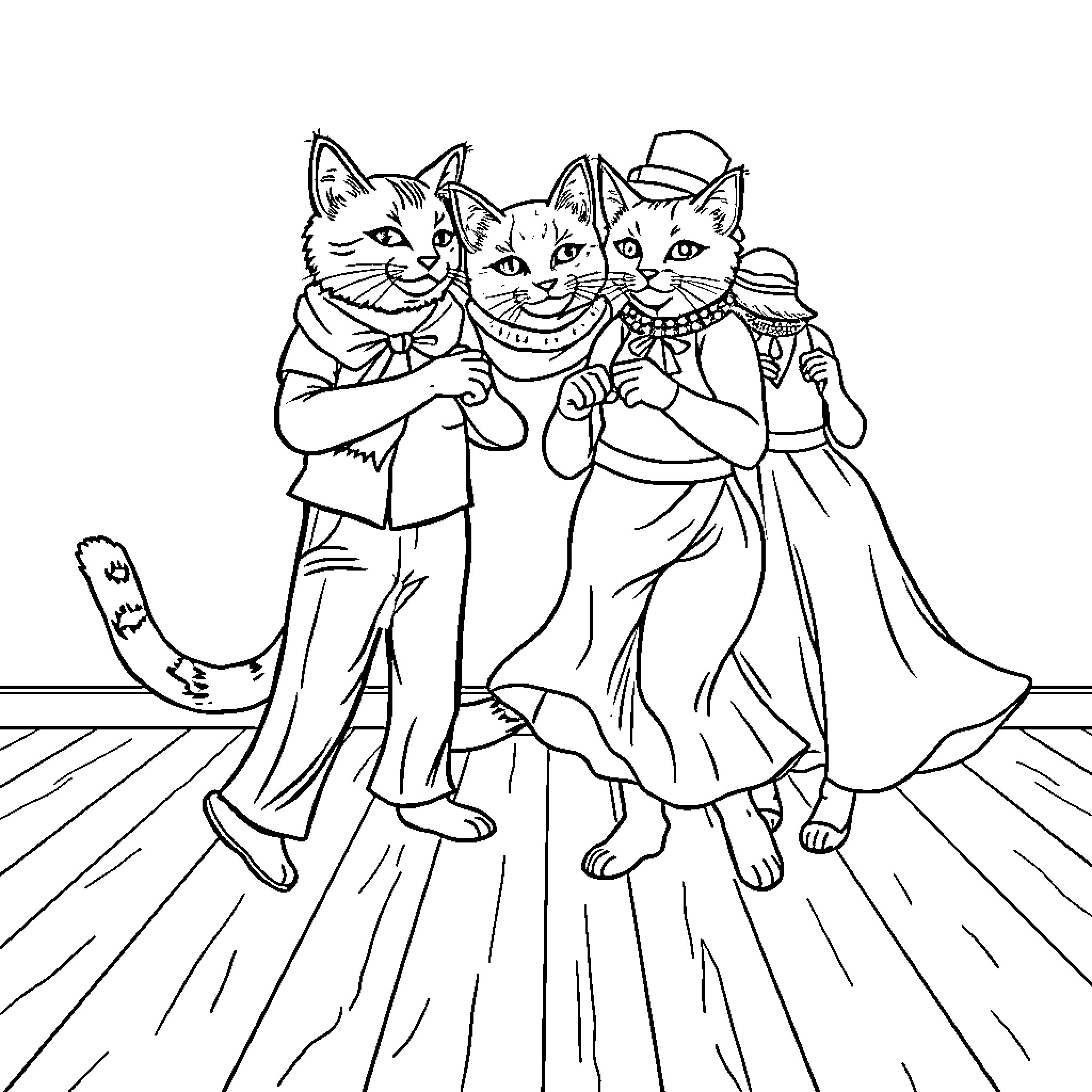 Cats dressed in formal attire dancing together Coloring Page (free black-and-white line drawing printable PDF for all, from beginners to advanced learners, including children, teens, adults, and seniors)