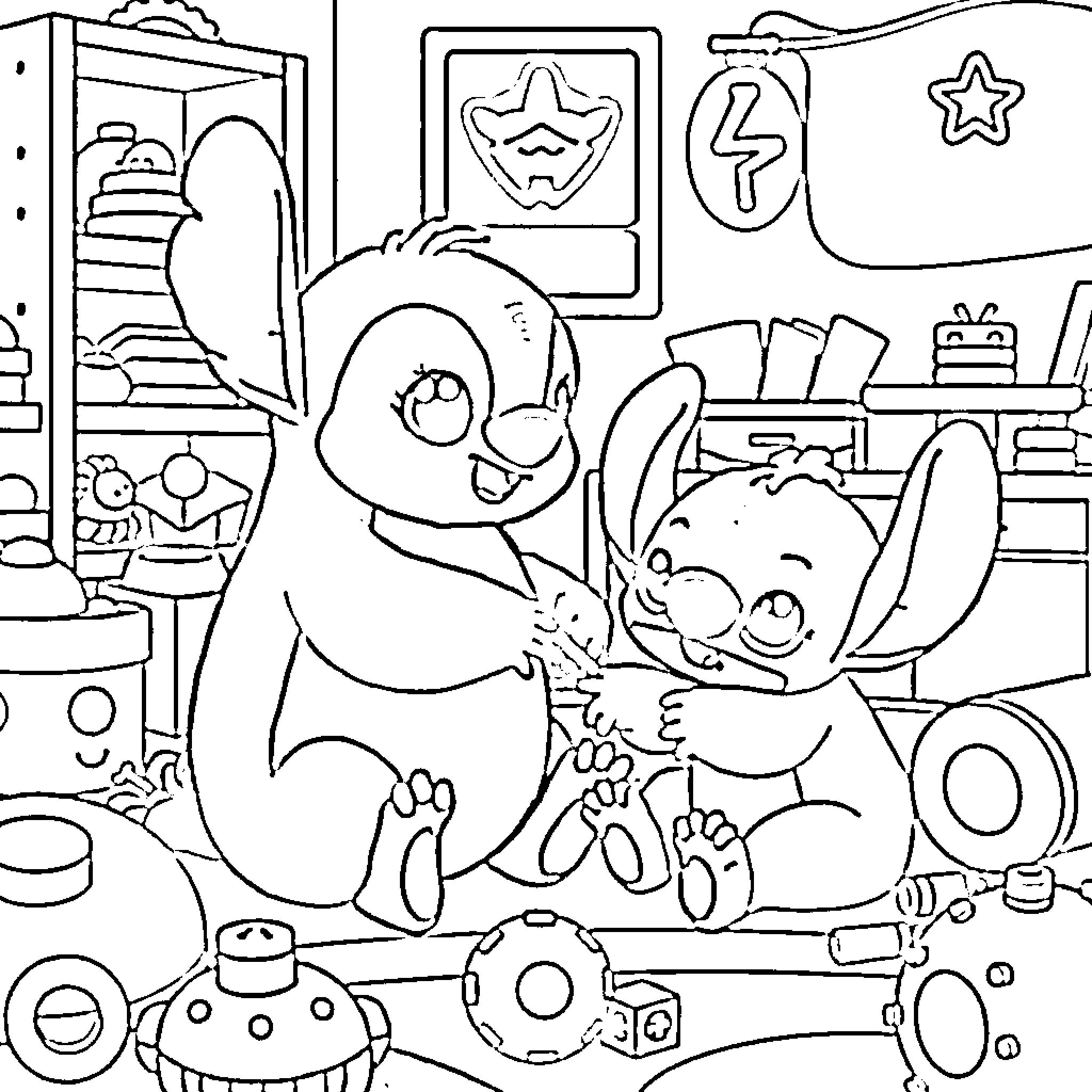 Tchoupi playing with toys in the playroom Coloring Page (free black-and-white line drawing printable PDF for all, from beginners to advanced learners, including children, teens, adults, and seniors)