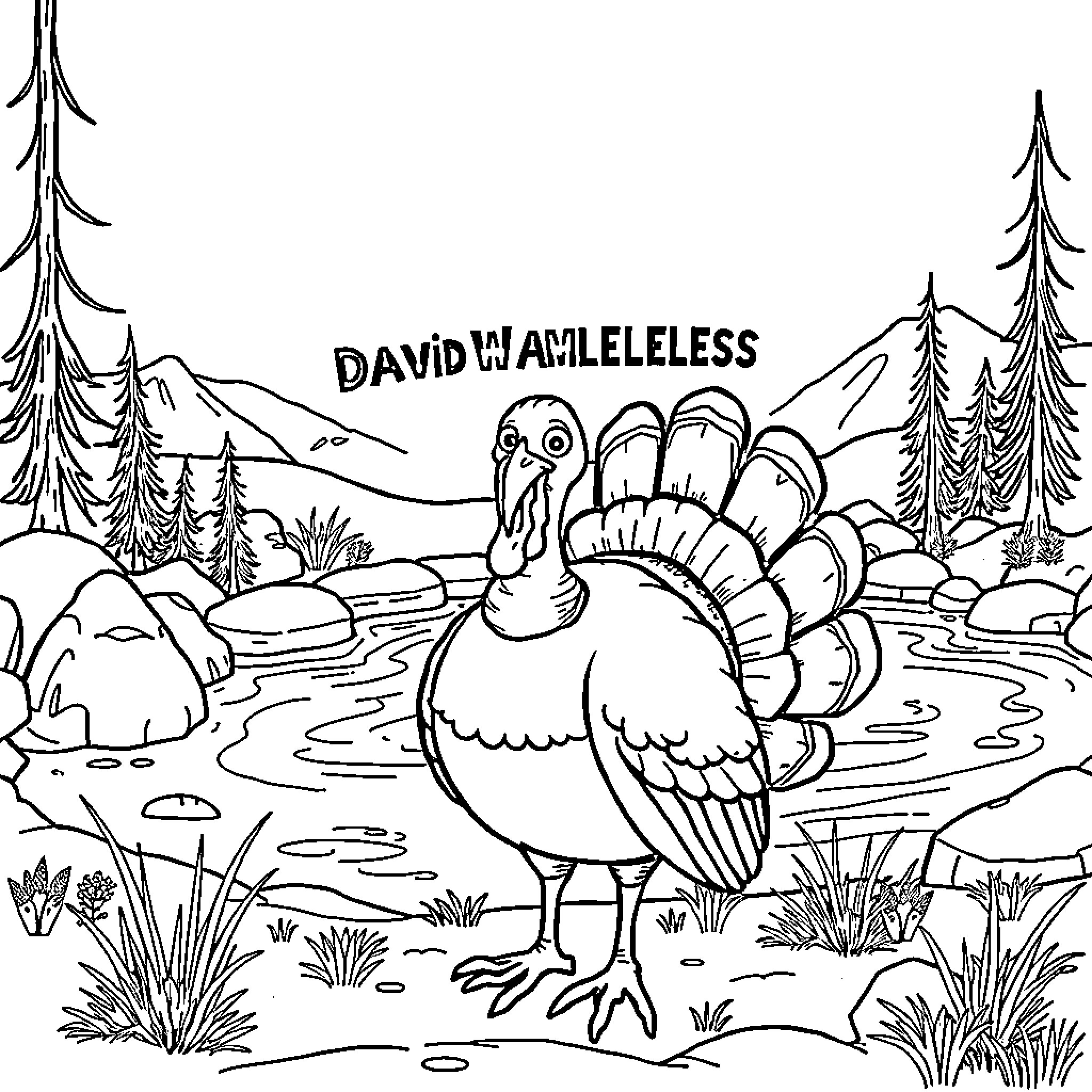 Turkey in a picturesque mountain landscape Coloring Page (free black-and-white line drawing printable PDF for all, from beginners to advanced learners, including children, teens, adults, and seniors)