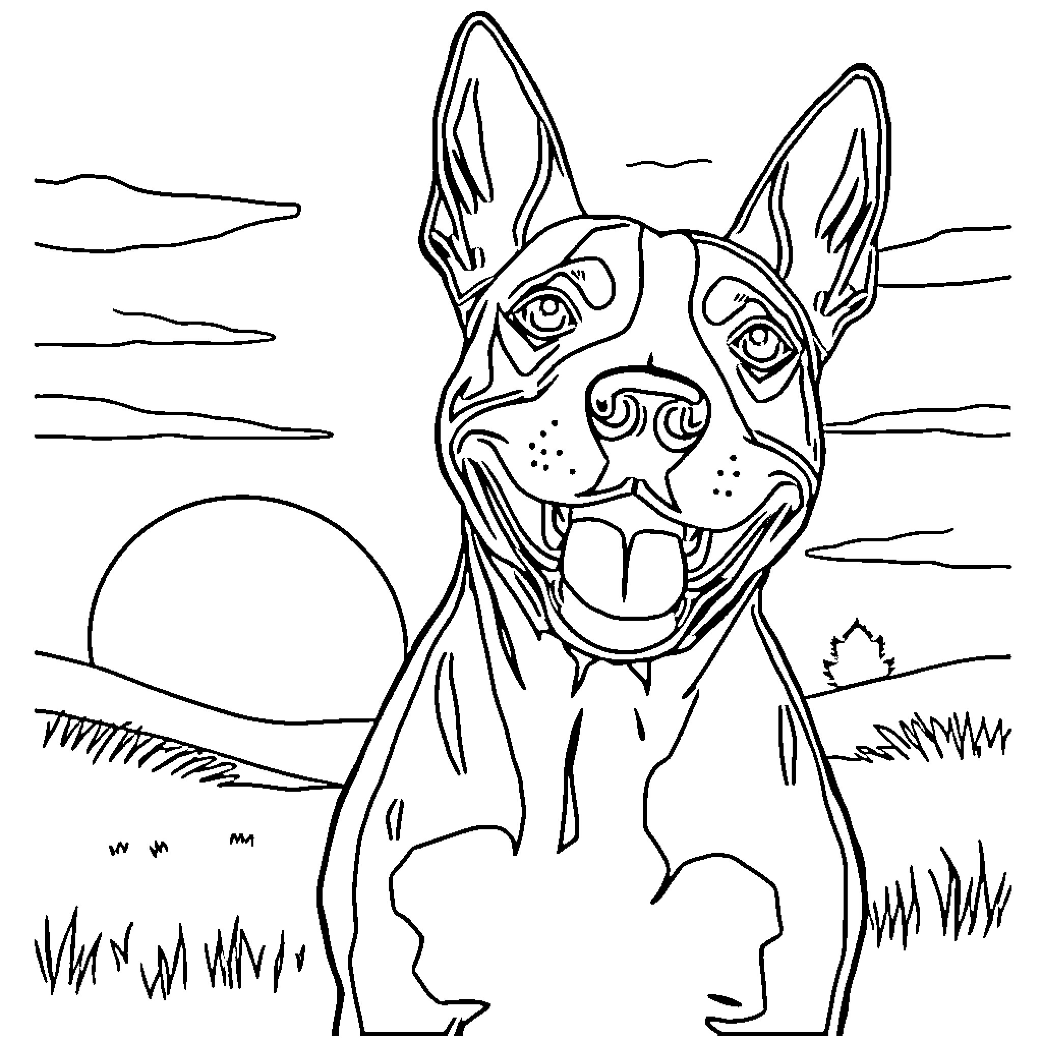 Bullterrier playing happily in the park Coloring Page (free black-and-white line drawing printable PDF for all, from beginners to advanced learners, including children, teens, adults, and seniors)
