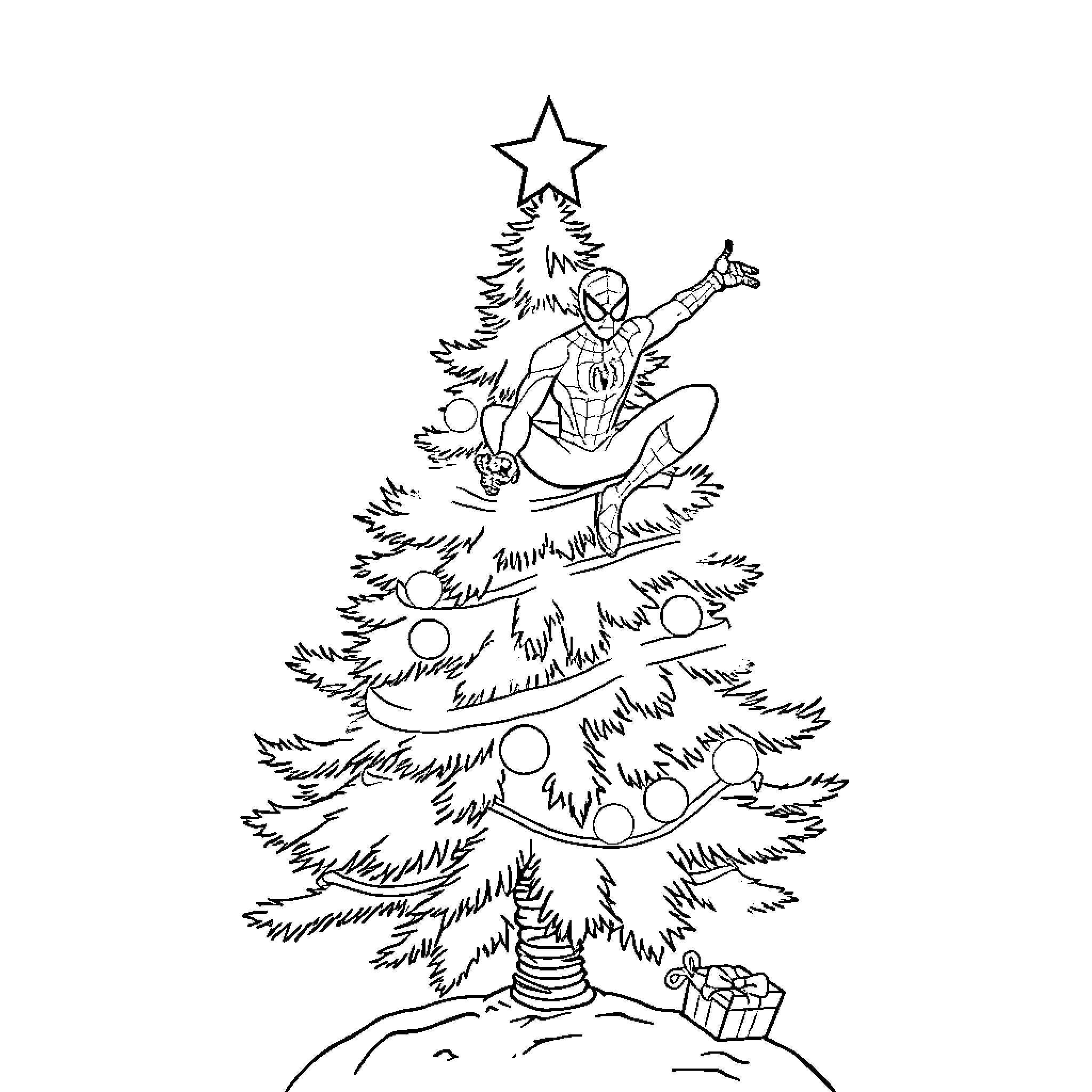 Spider-Man decorating a Christmas tree Coloring Page (free black-and-white line drawing printable PDF for all, from beginners to advanced learners, including children, teens, adults, and seniors)